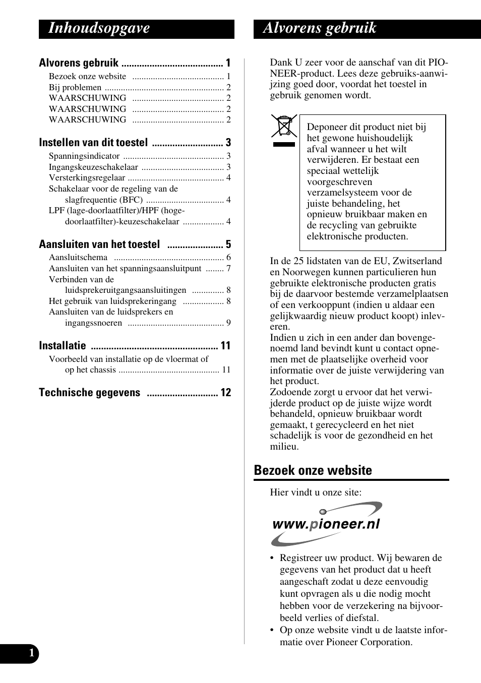 Nederlands, Inhoudsopgave alvorens gebruik, Bezoek onze website | Pioneer GM-6300F User Manual | Page 62 / 86