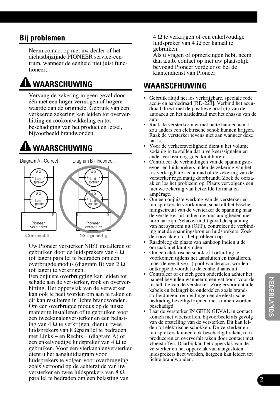Bij problemen, Waarschuwing, Waarscfhuwing | Pioneer GM-6300F User Manual | Page 63 / 86