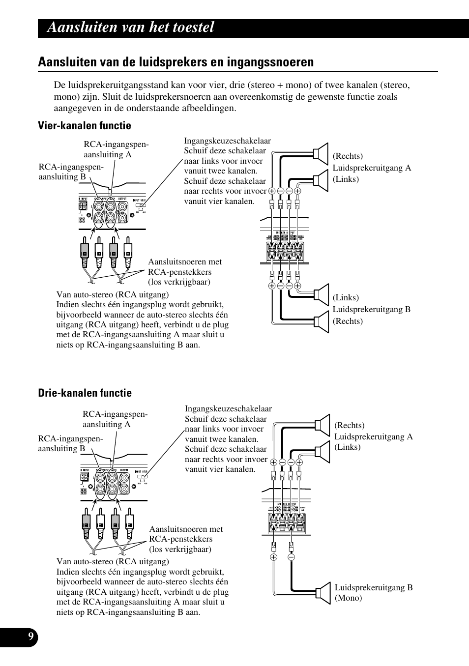 Aansluiten van de luidsprekers en, Ingangssnoeren, Aansluiten van het toestel | Aansluiten van de luidsprekers en ingangssnoeren, Vier-kanalen functie drie-kanalen functie | Pioneer GM-6300F User Manual | Page 70 / 86