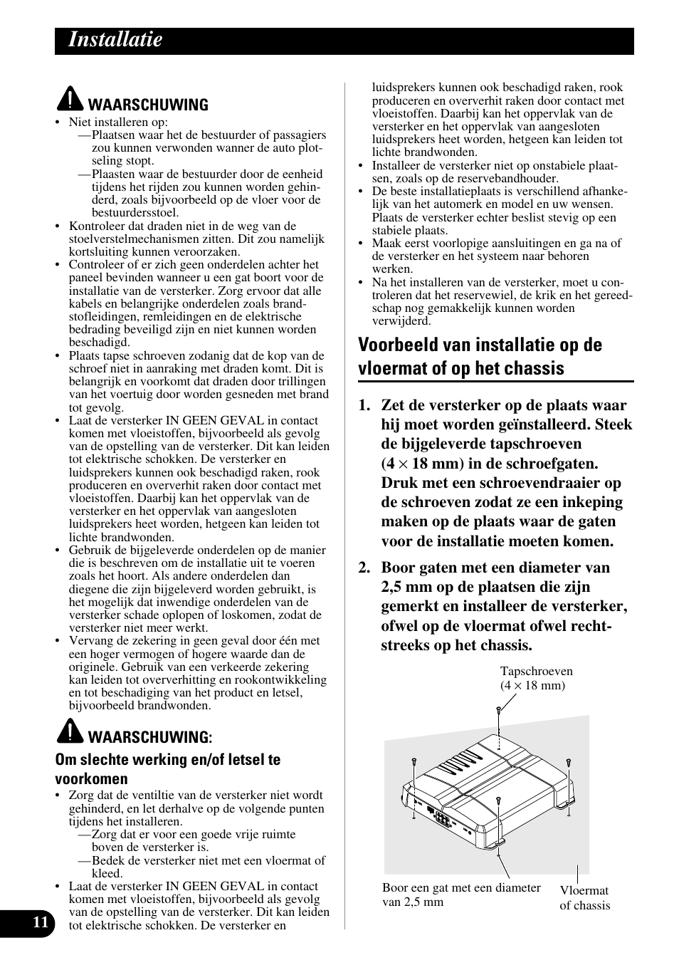 Installatie, Voorbeeld van installatie op de vloermat of, Op het chassis | Pioneer GM-6300F User Manual | Page 72 / 86