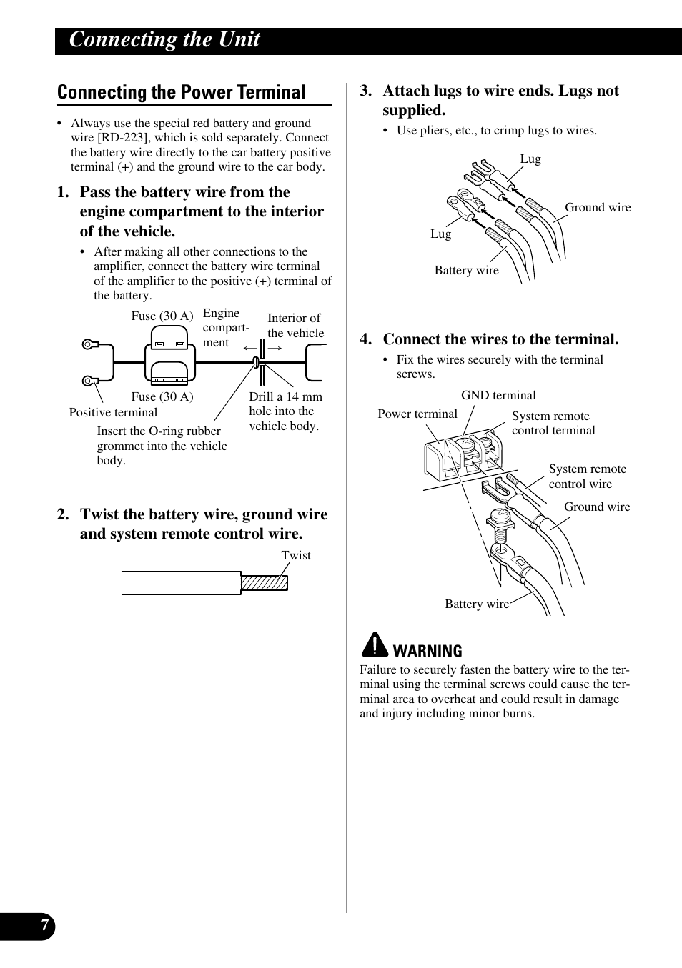 Connecting the power terminal, Connecting the unit | Pioneer GM-6300F User Manual | Page 8 / 86