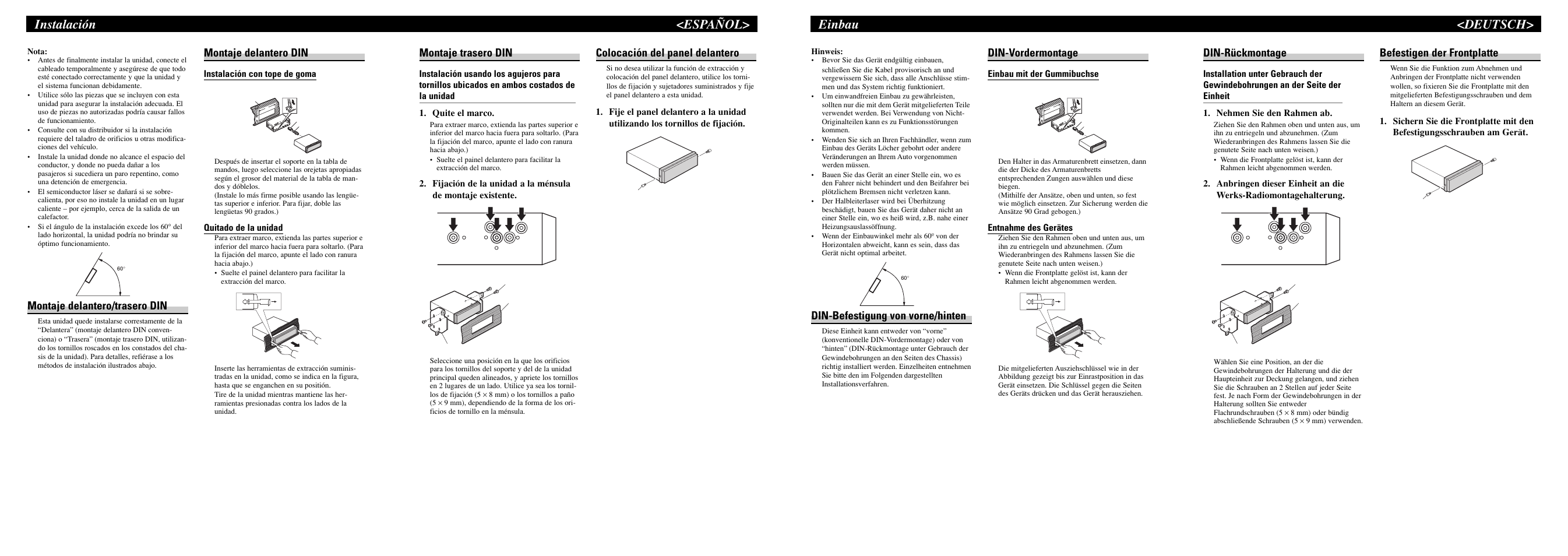 Instalación <español, Einbau <deutsch, Montaje delantero/trasero din | Montaje delantero din, Montaje trasero din, Colocación del panel delantero, Din-rückmontage, Befestigen der frontplatte, Din-befestigung von vorne/hinten, Din-vordermontage | Pioneer DEH-P4800MP User Manual | Page 2 / 8