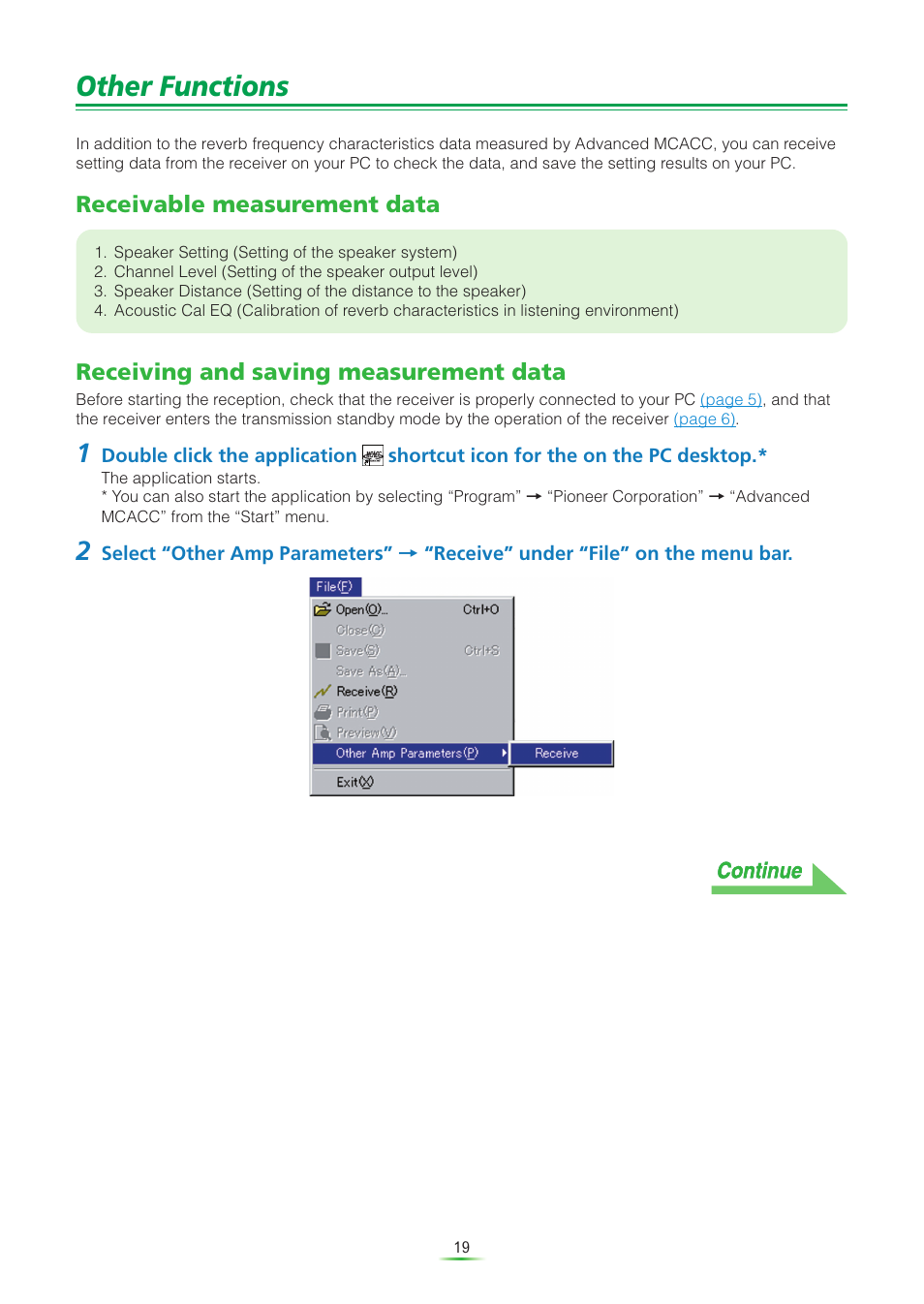 Other functions, Receivable measurement data, Receiving and saving measurement data | Receives various data | Pioneer VSX-AX5Ai-S User Manual | Page 19 / 30