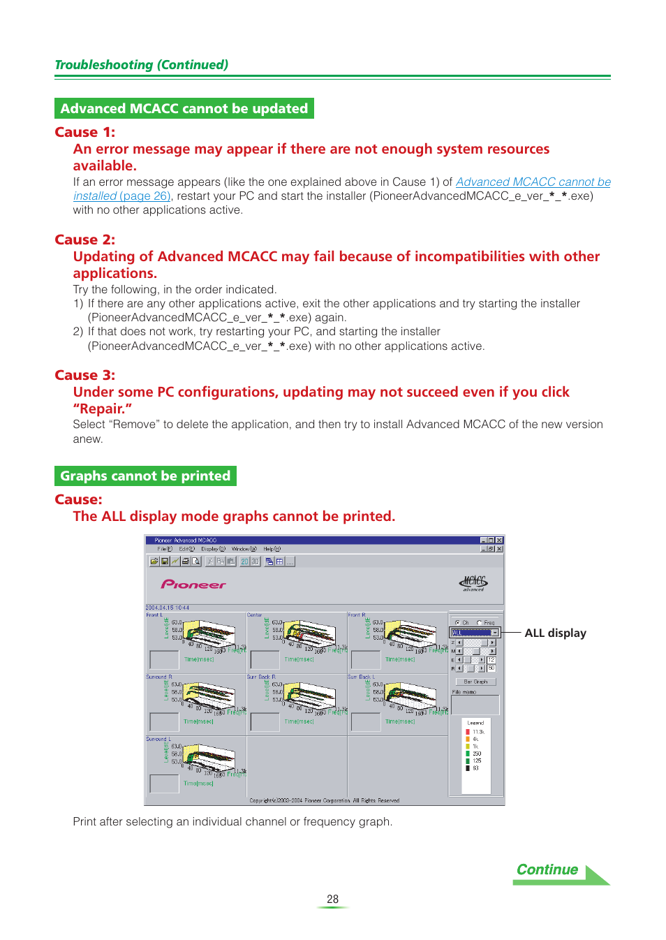 Advanced mcacc cannot be updated, Graphs cannot be printed, Continue | Pioneer VSX-AX5Ai-S User Manual | Page 28 / 30