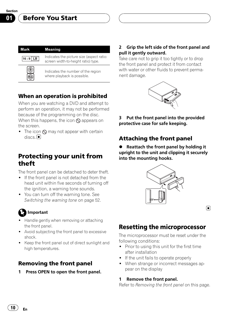 When an operation is prohibited 10, Protecting your unit from theft, Removing the front panel 10 | Attaching the front panel 10, Resetting the microprocessor, Before you start, When an operation is prohibited, Removing the front panel, Attaching the front panel | Pioneer DVH-P500UB User Manual | Page 10 / 96