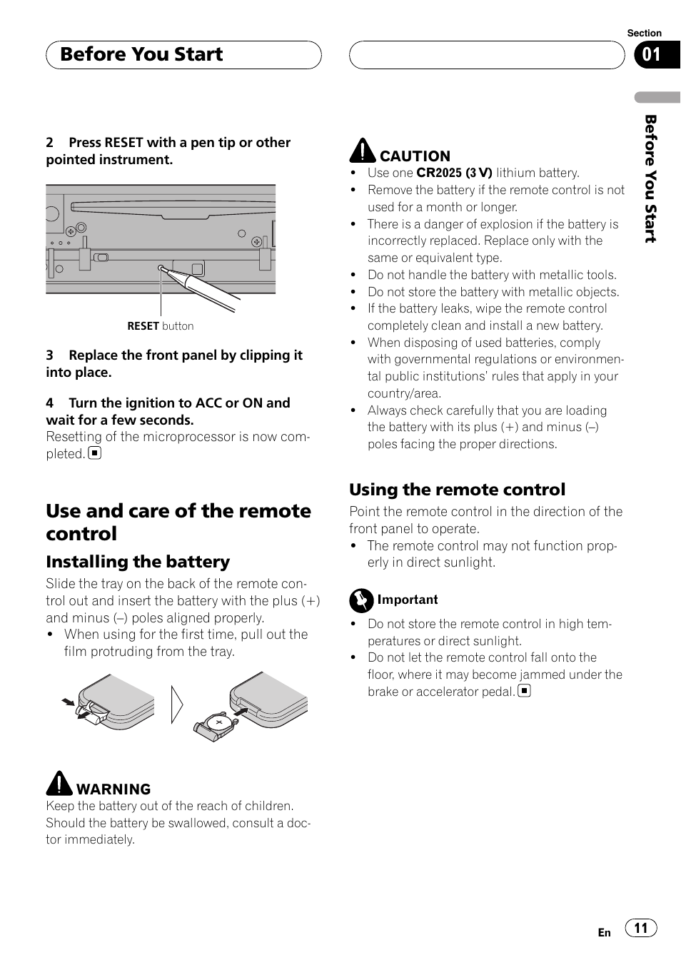 Use and care of the remote control, Installing the battery 11, Using the remote control 11 | Before you start, Installing the battery, Using the remote control | Pioneer DVH-P500UB User Manual | Page 11 / 96