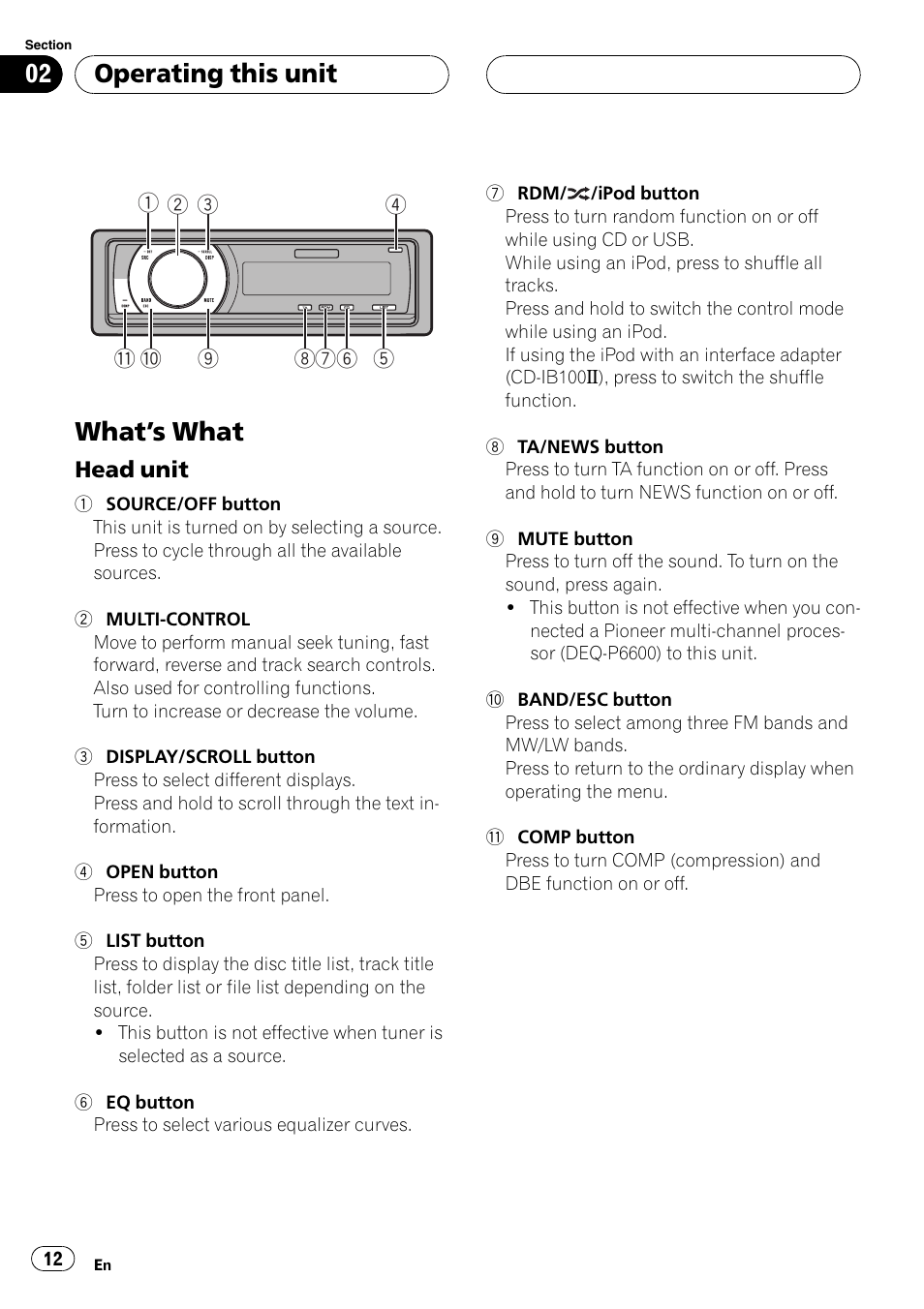 Operating this unit what, S what 12, Head unit 12 | What ’s what, Operating this unit | Pioneer DVH-P500UB User Manual | Page 12 / 96