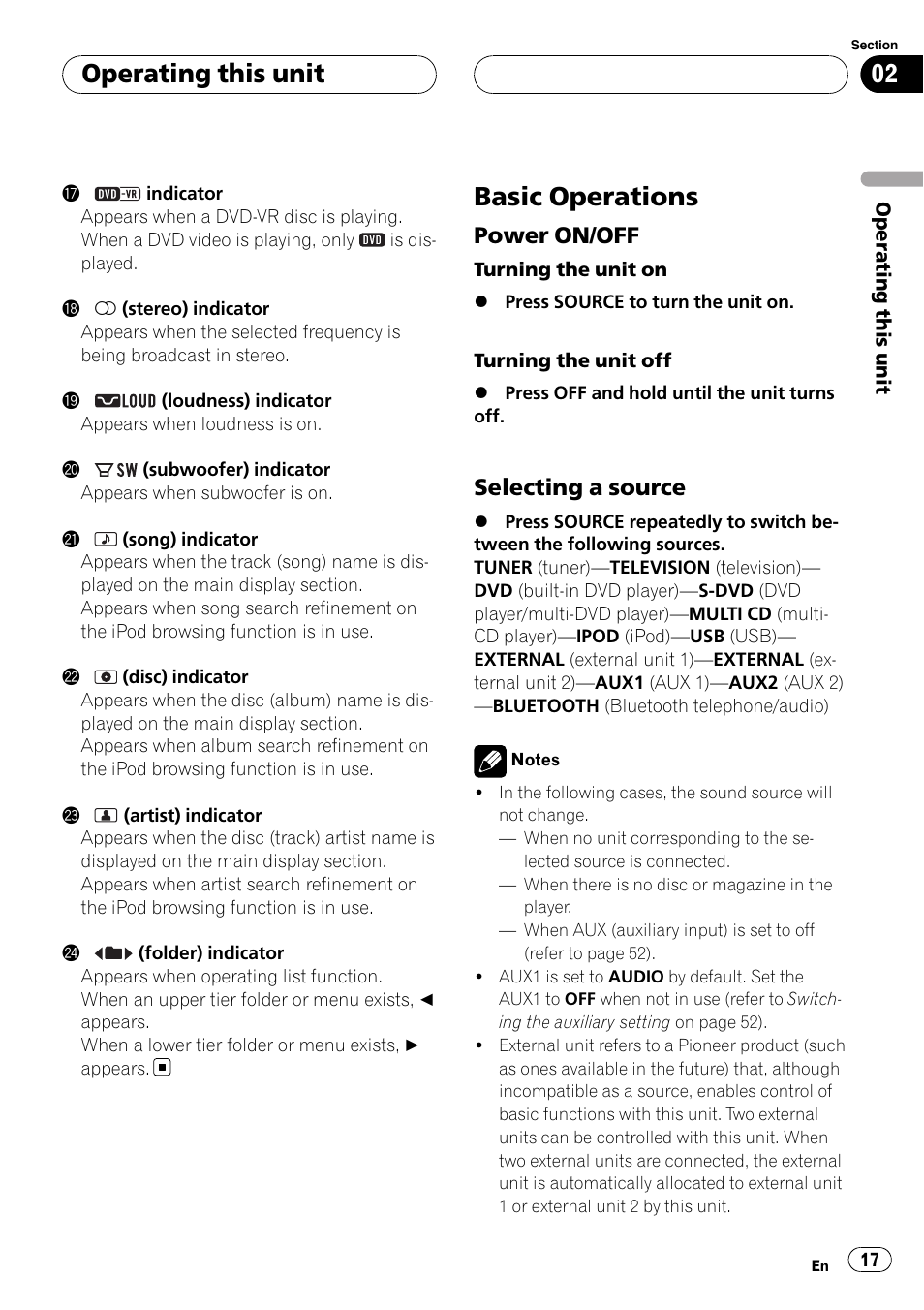 Basic operations, Power on/off 17, Selecting a source 17 | Operating this unit, Power on/off, Selecting a source | Pioneer DVH-P500UB User Manual | Page 17 / 96
