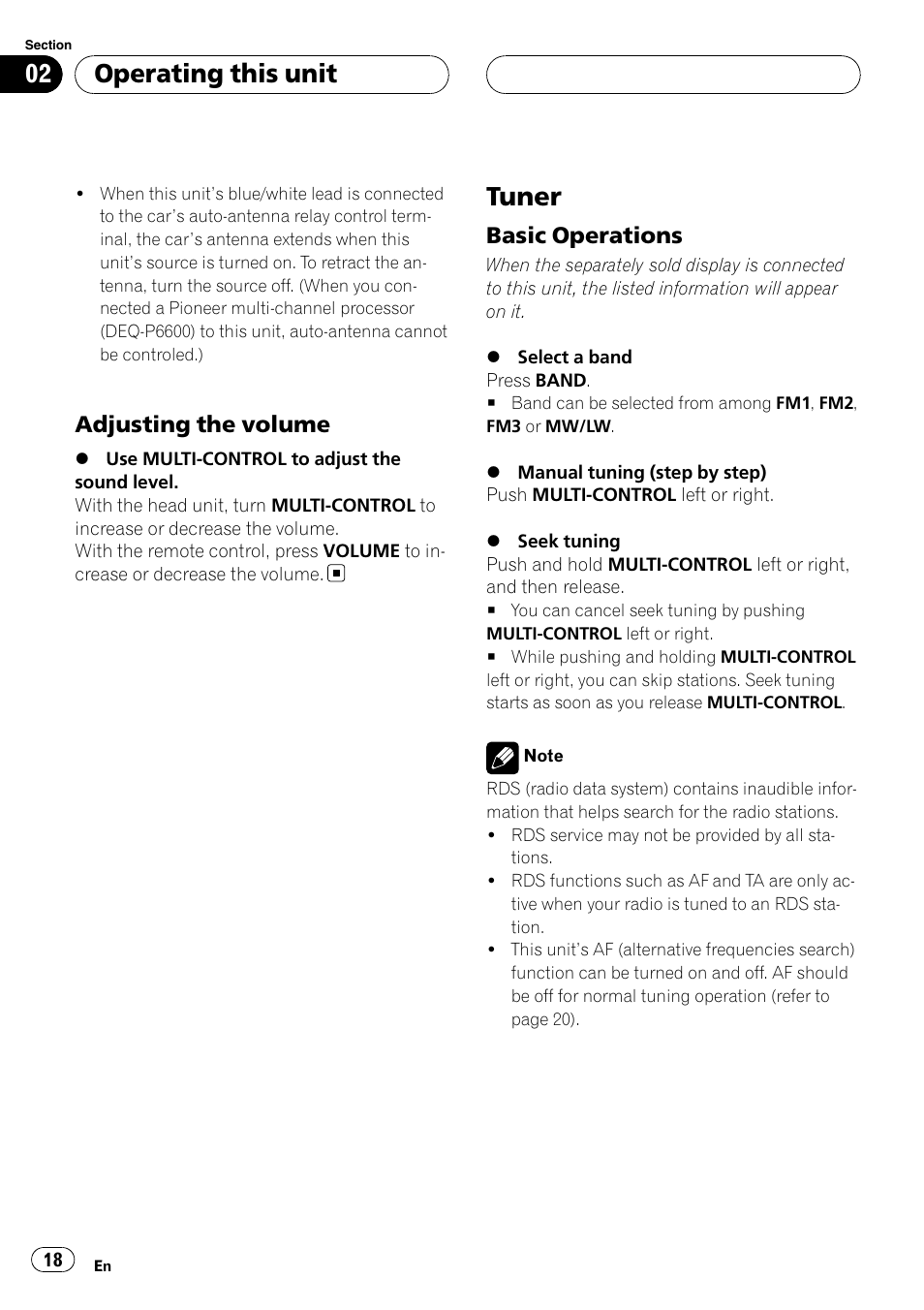 Adjusting the volume 18, Tuner, Basic operations 18 | Operating this unit, Adjusting the volume, Basic operations | Pioneer DVH-P500UB User Manual | Page 18 / 96