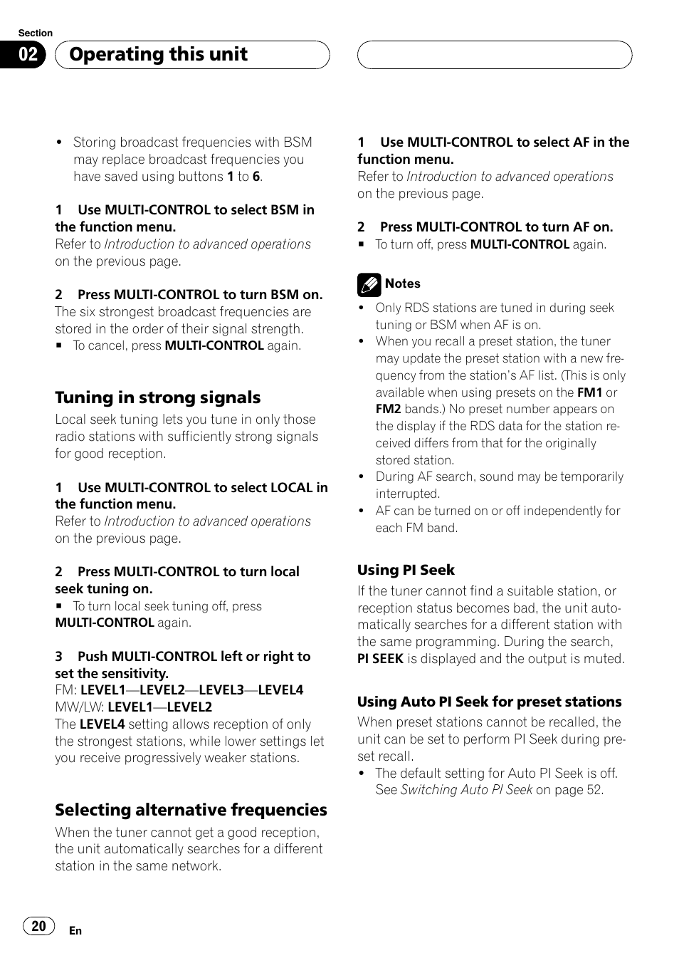 Tuning in strong signals 20, Selecting alternative frequencies 20, Operating this unit | Tuning in strong signals, Selecting alternative frequencies | Pioneer DVH-P500UB User Manual | Page 20 / 96
