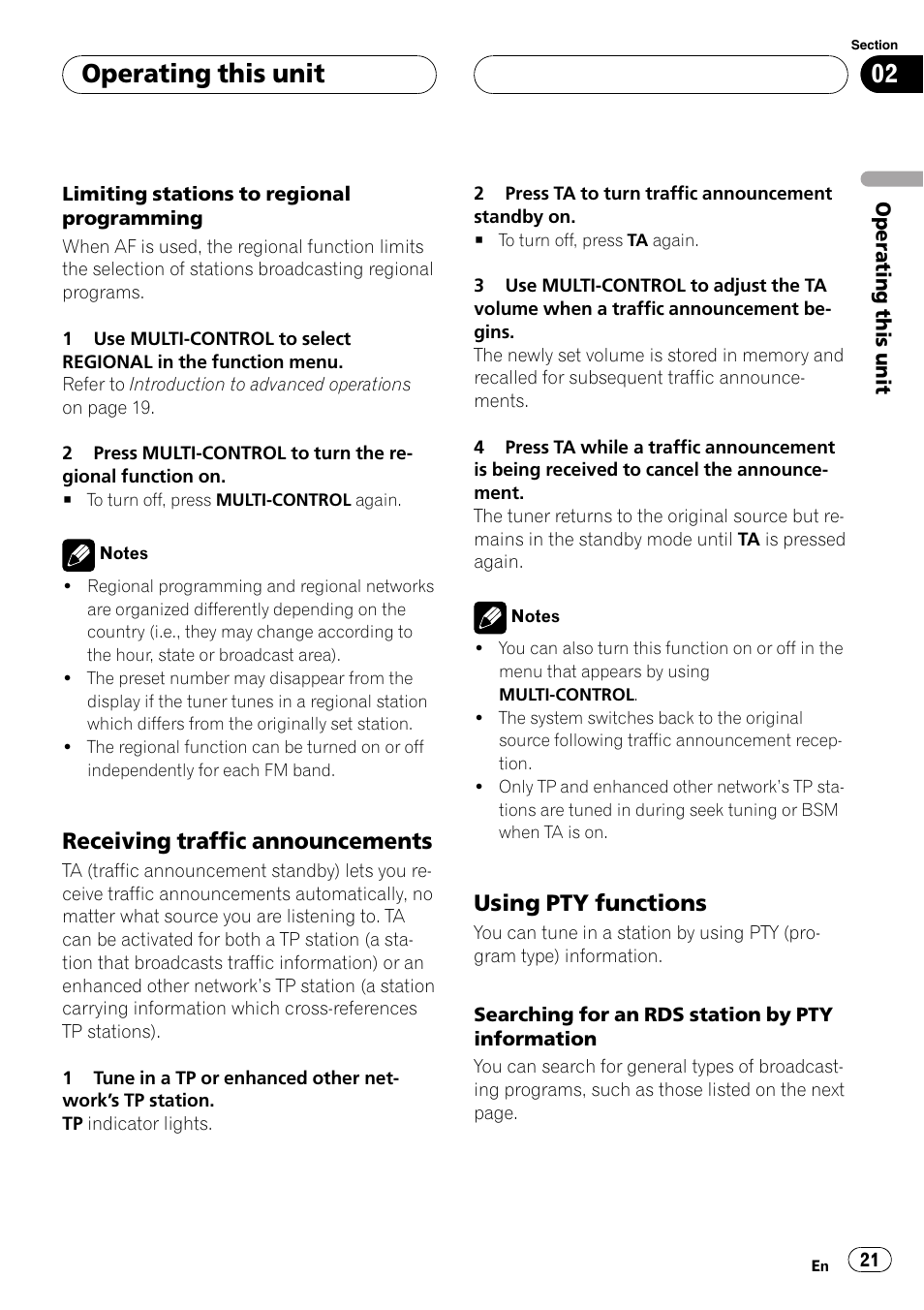 Receiving traffic announcements 21, Using pty functions 21, Operating this unit | Receiving traffic announcements, Using pty functions | Pioneer DVH-P500UB User Manual | Page 21 / 96