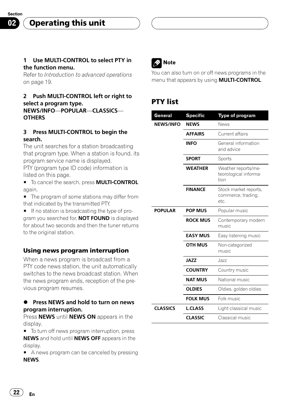 Pty list 22, Operating this unit, Pty list | Pioneer DVH-P500UB User Manual | Page 22 / 96