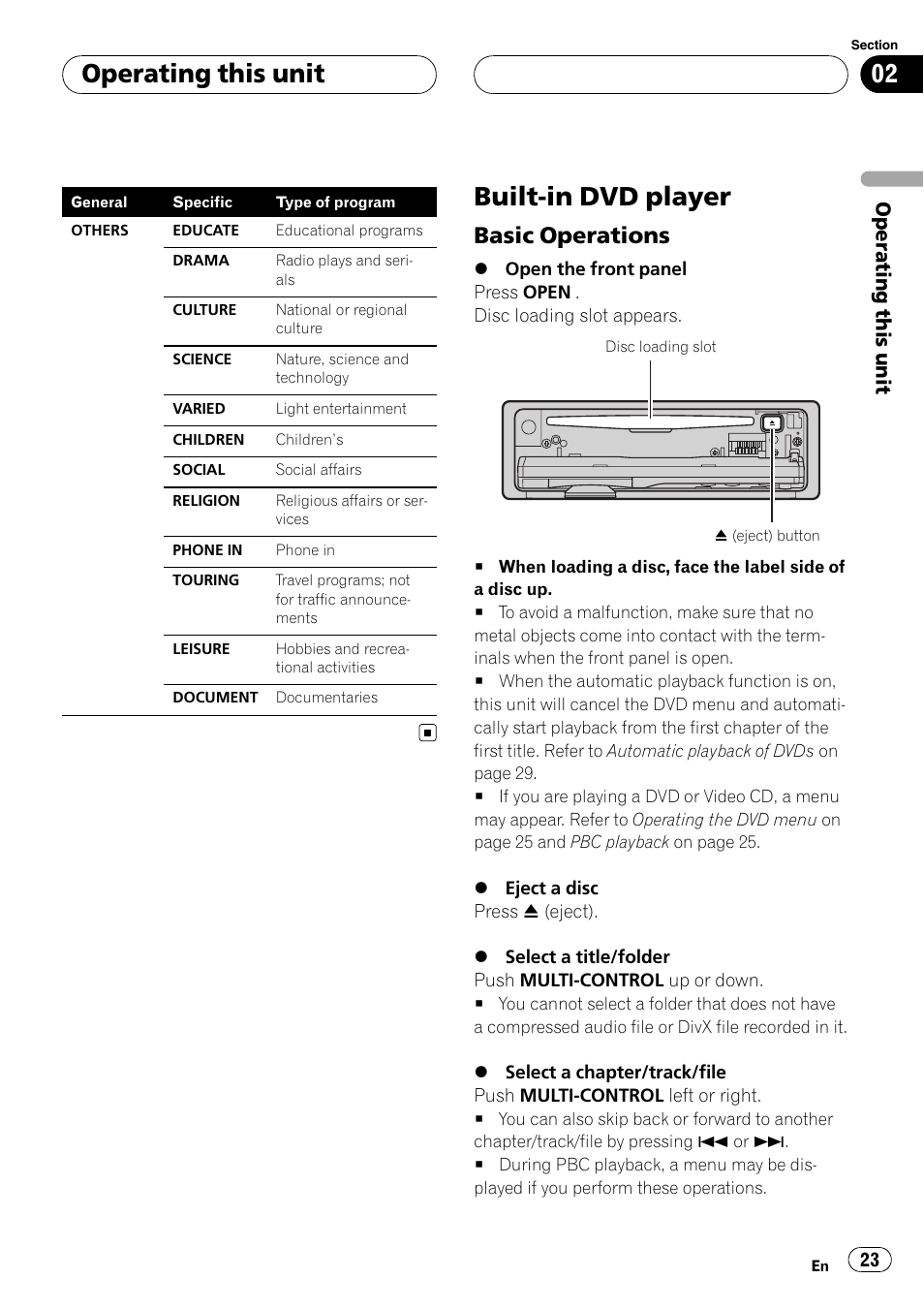 Built-in dvd player, Basic operations 23, Operating this unit | Basic operations | Pioneer DVH-P500UB User Manual | Page 23 / 96