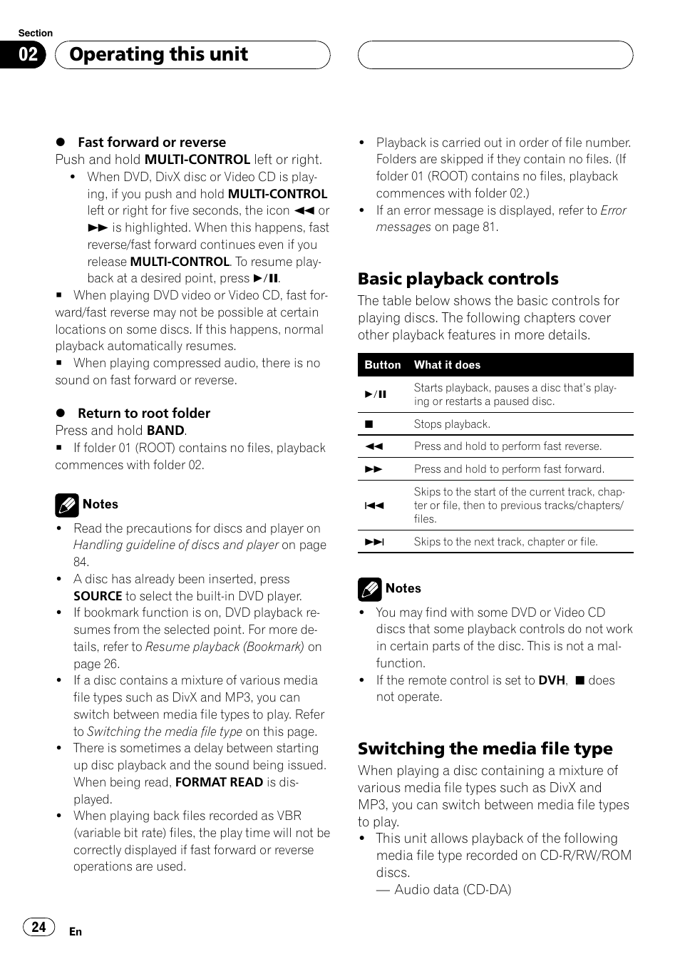 Basic playback controls 24, Switching the media file type 24, Operating this unit | Basic playback controls, Switching the media file type | Pioneer DVH-P500UB User Manual | Page 24 / 96