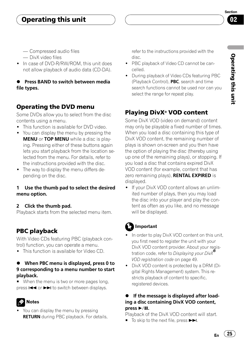 Operating the dvd menu 25, Pbc playback 25, Playing divx® vod content 25 | Operating this unit, Operating the dvd menu, Pbc playback, Playing divx, Vod content | Pioneer DVH-P500UB User Manual | Page 25 / 96