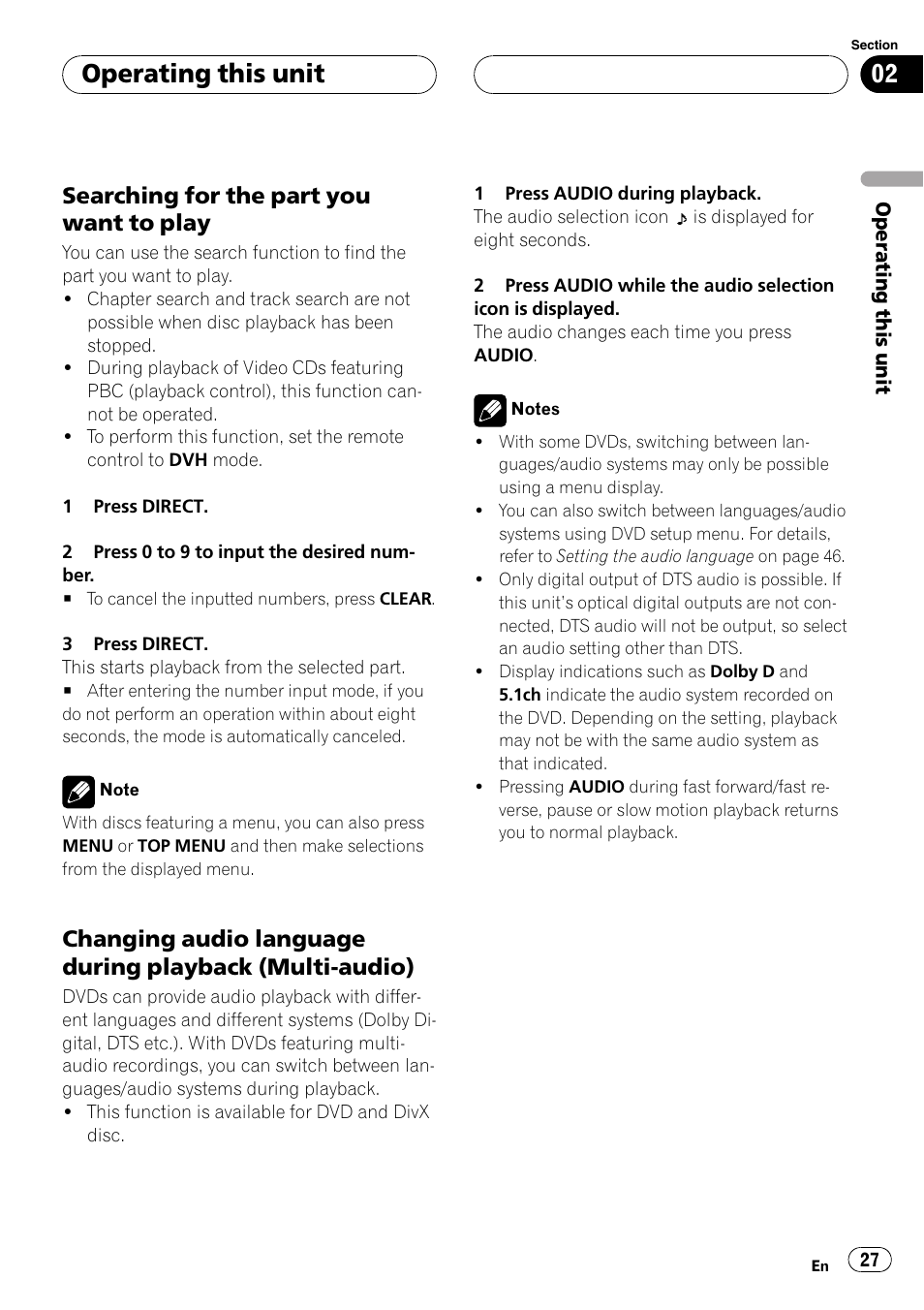 Searching for the part you want to, Play, Changing audio language during | Playback (multi-audio), Operating this unit, Searching for the part you want to play | Pioneer DVH-P500UB User Manual | Page 27 / 96