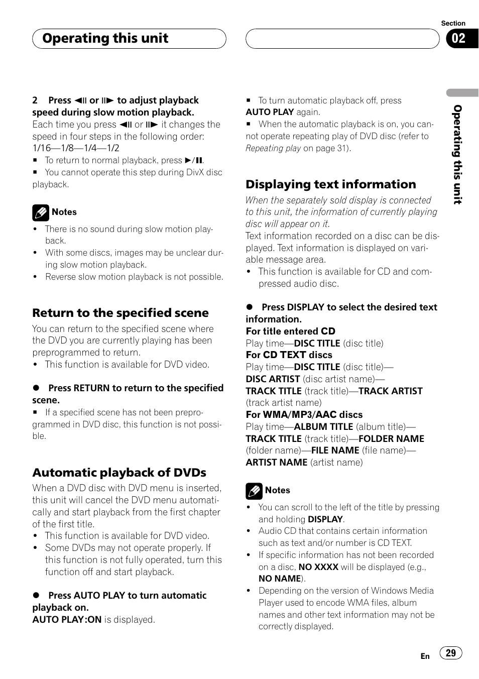Return to the specified scene 29, Automatic playback of dvds 29, Displaying text information 29 | Operating this unit, Return to the specified scene, Automatic playback of dvds, Displaying text information | Pioneer DVH-P500UB User Manual | Page 29 / 96