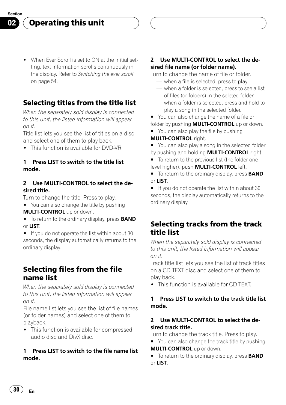 Selecting titles from the title list 30, Selecting files from the file name, List | Selecting tracks from the track title, Operating this unit, Selecting titles from the title list, Selecting files from the file name list, Selecting tracks from the track title list | Pioneer DVH-P500UB User Manual | Page 30 / 96
