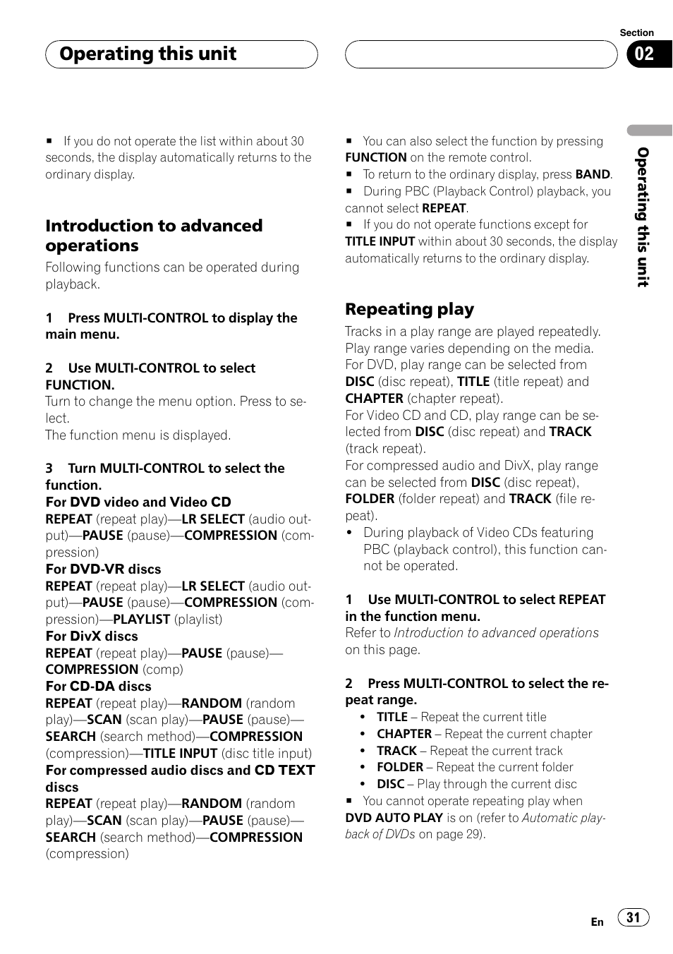 Introduction to advanced, Operations, Repeating play 31 | Operating this unit, Introduction to advanced operations, Repeating play | Pioneer DVH-P500UB User Manual | Page 31 / 96