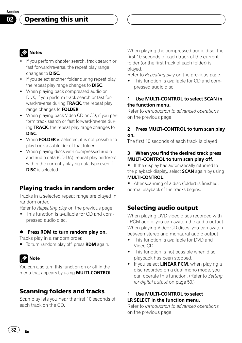 Playing tracks in random order 32, Scanning folders and tracks 32, Selecting audio output 32 | Operating this unit, Playing tracks in random order, Scanning folders and tracks, Selecting audio output | Pioneer DVH-P500UB User Manual | Page 32 / 96