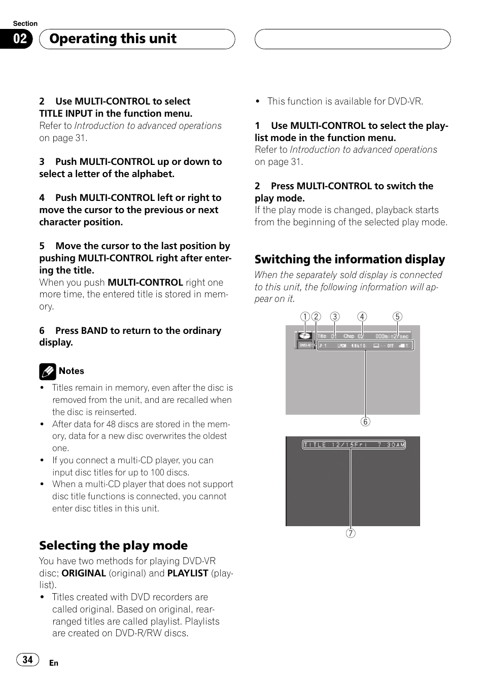 Selecting the play mode 34, Switching the information display 34, Operating this unit | Selecting the play mode, Switching the information display | Pioneer DVH-P500UB User Manual | Page 34 / 96