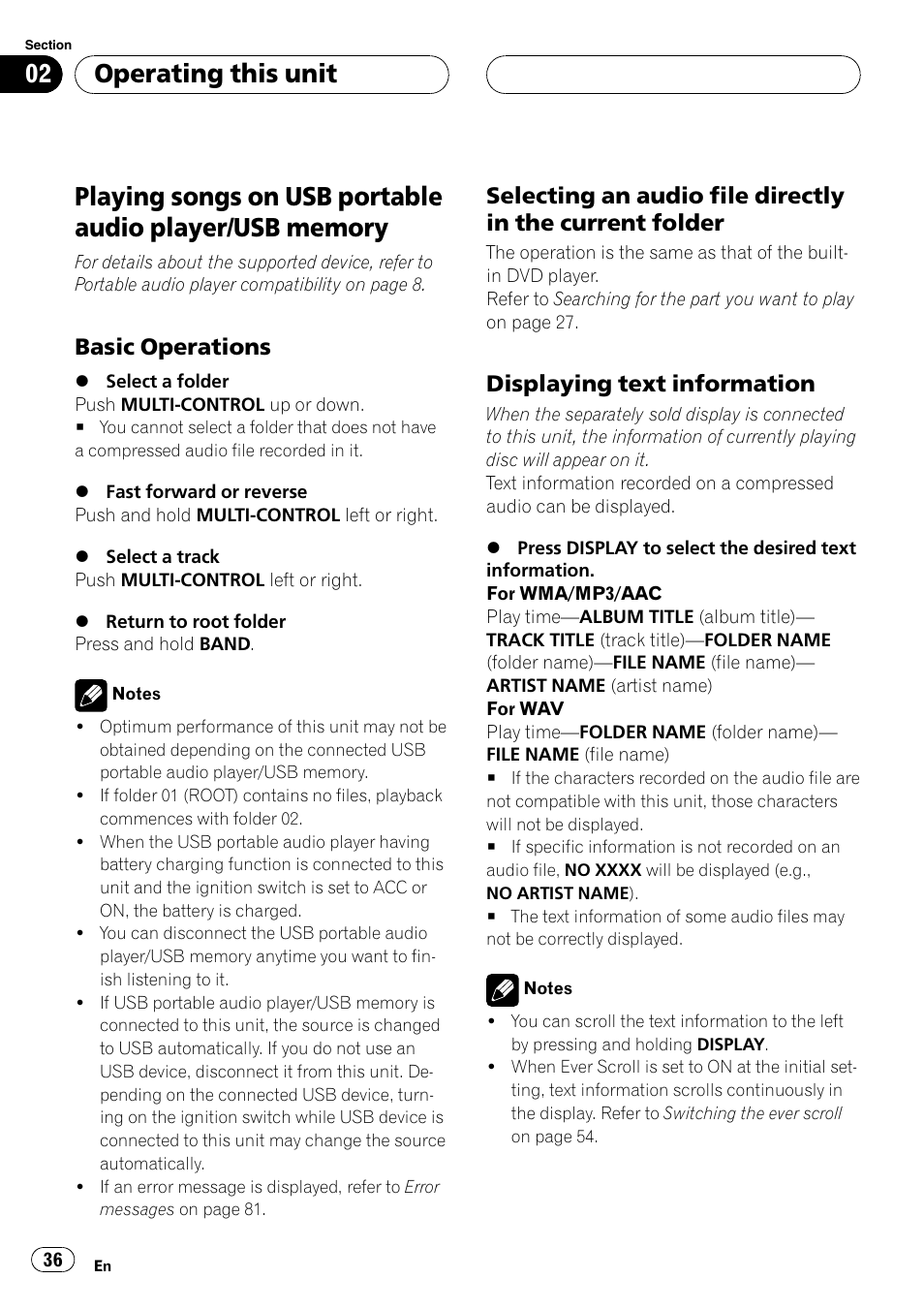 Playing songs on usb portable audio player, Usb memory, Basic operations 36 | Selecting an audio file directly in the, Current folder, Displaying text information 36, Operating this unit, Basic operations, Displaying text information | Pioneer DVH-P500UB User Manual | Page 36 / 96