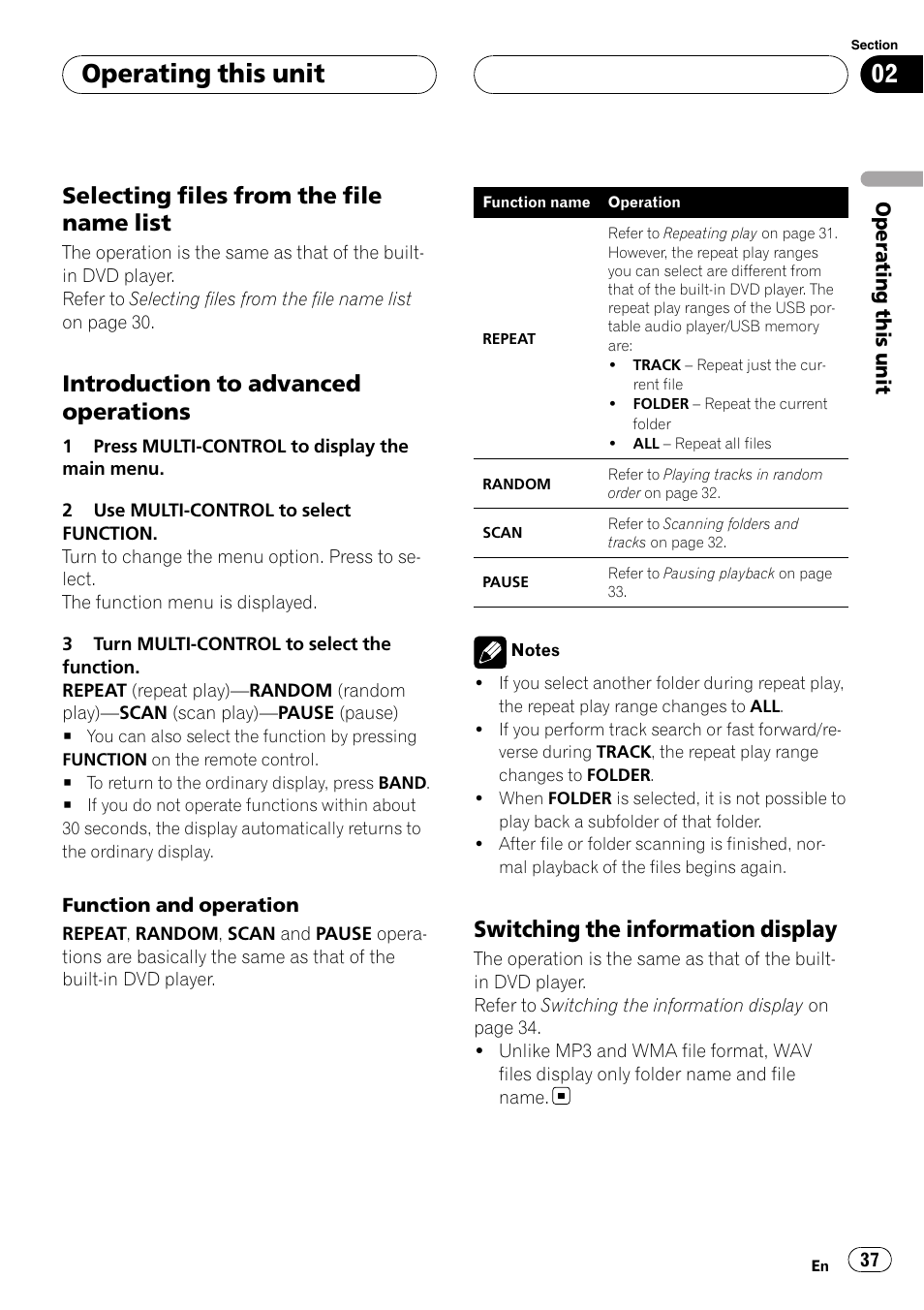 Selecting files from the file name, List, Introduction to advanced | Operations, Switching the information display 37, Operating this unit, Selecting files from the file name list, Introduction to advanced operations, Switching the information display | Pioneer DVH-P500UB User Manual | Page 37 / 96