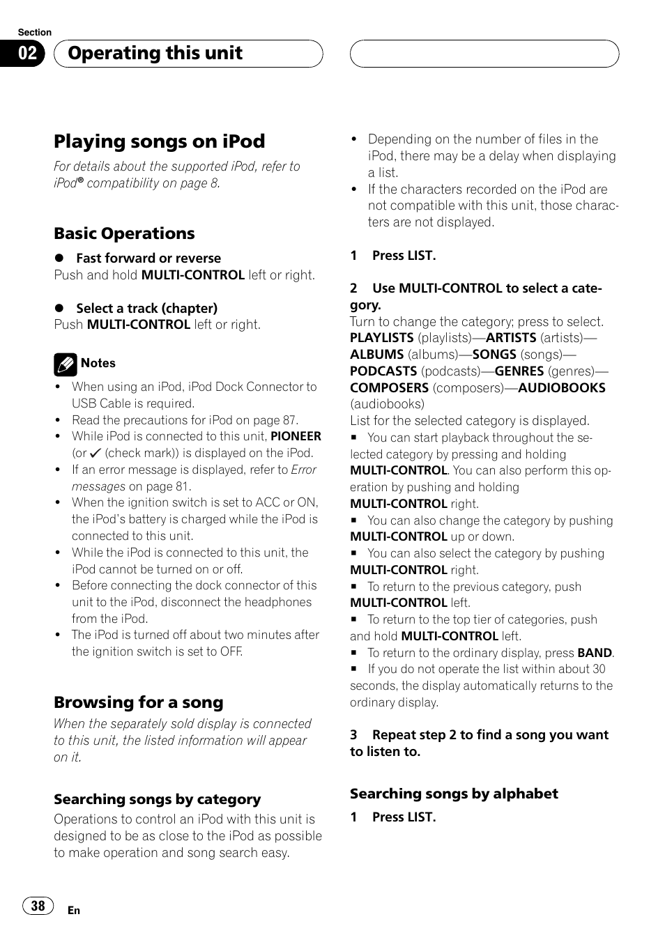 Playing songs on ipod, Basic operations 38, Browsing for a song 38 | Operating this unit, Basic operations, Browsing for a song | Pioneer DVH-P500UB User Manual | Page 38 / 96