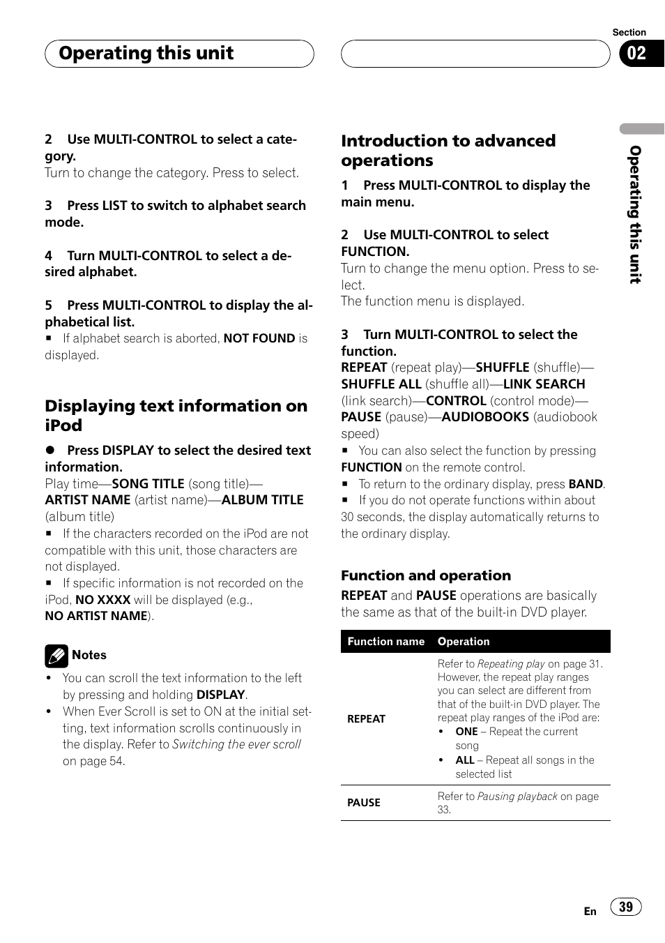 Displaying text information on, Ipod, Introduction to advanced | Operations, Operating this unit, Displaying text information on ipod, Introduction to advanced operations | Pioneer DVH-P500UB User Manual | Page 39 / 96