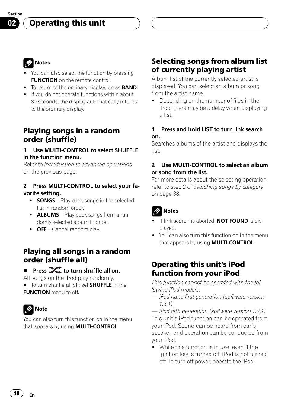 Playing songs in a random order, Shuffle), Playing all songs in a random order | Shuffle all), Selecting songs from album list of, Currently playing artist, Operating this unit’s ipod function, From your ipod, Operating this unit, Playing songs in a random order (shuffle) | Pioneer DVH-P500UB User Manual | Page 40 / 96