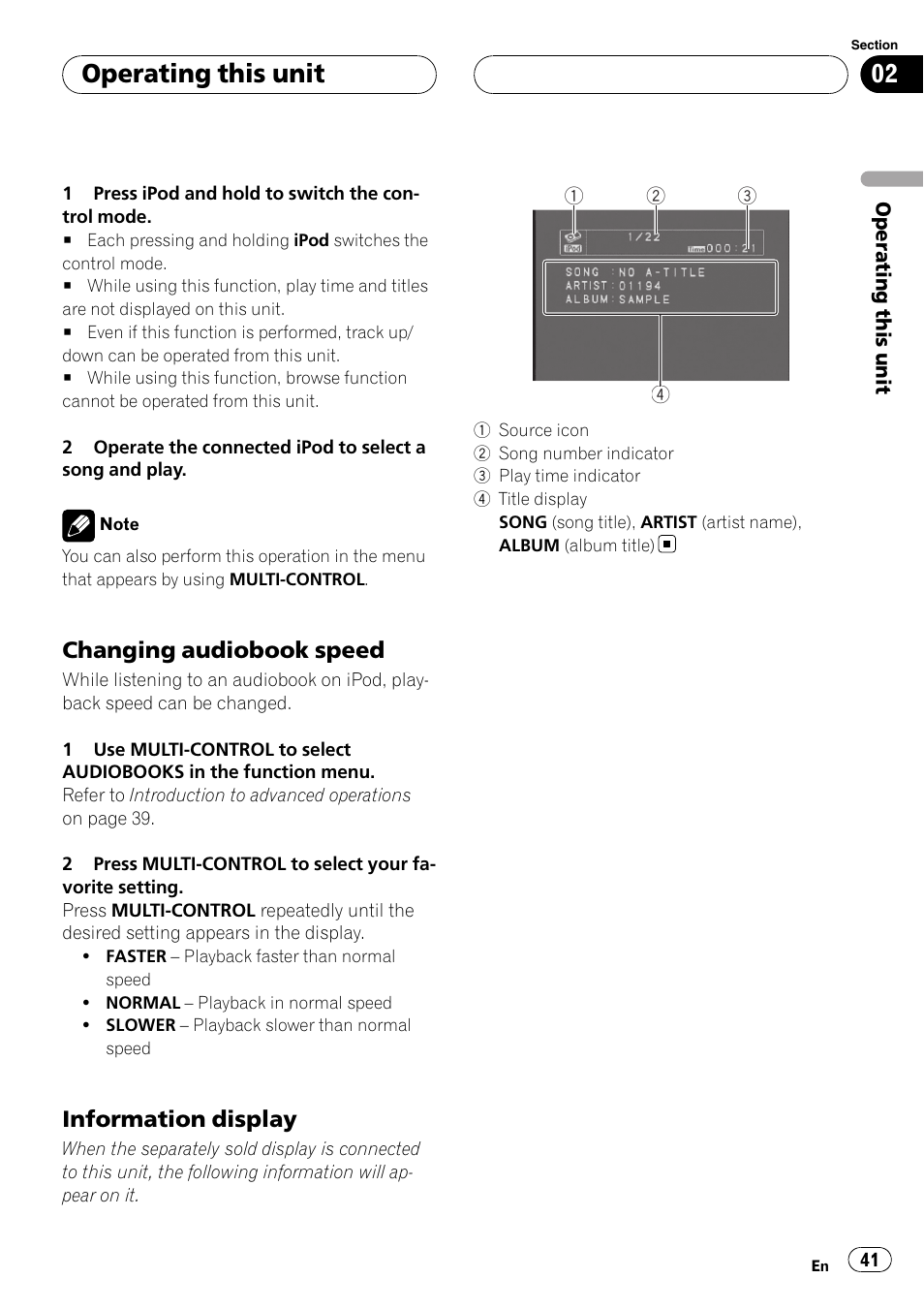 Changing audiobook speed 41, Information display 41, Operating this unit | Changing audiobook speed, Information display | Pioneer DVH-P500UB User Manual | Page 41 / 96