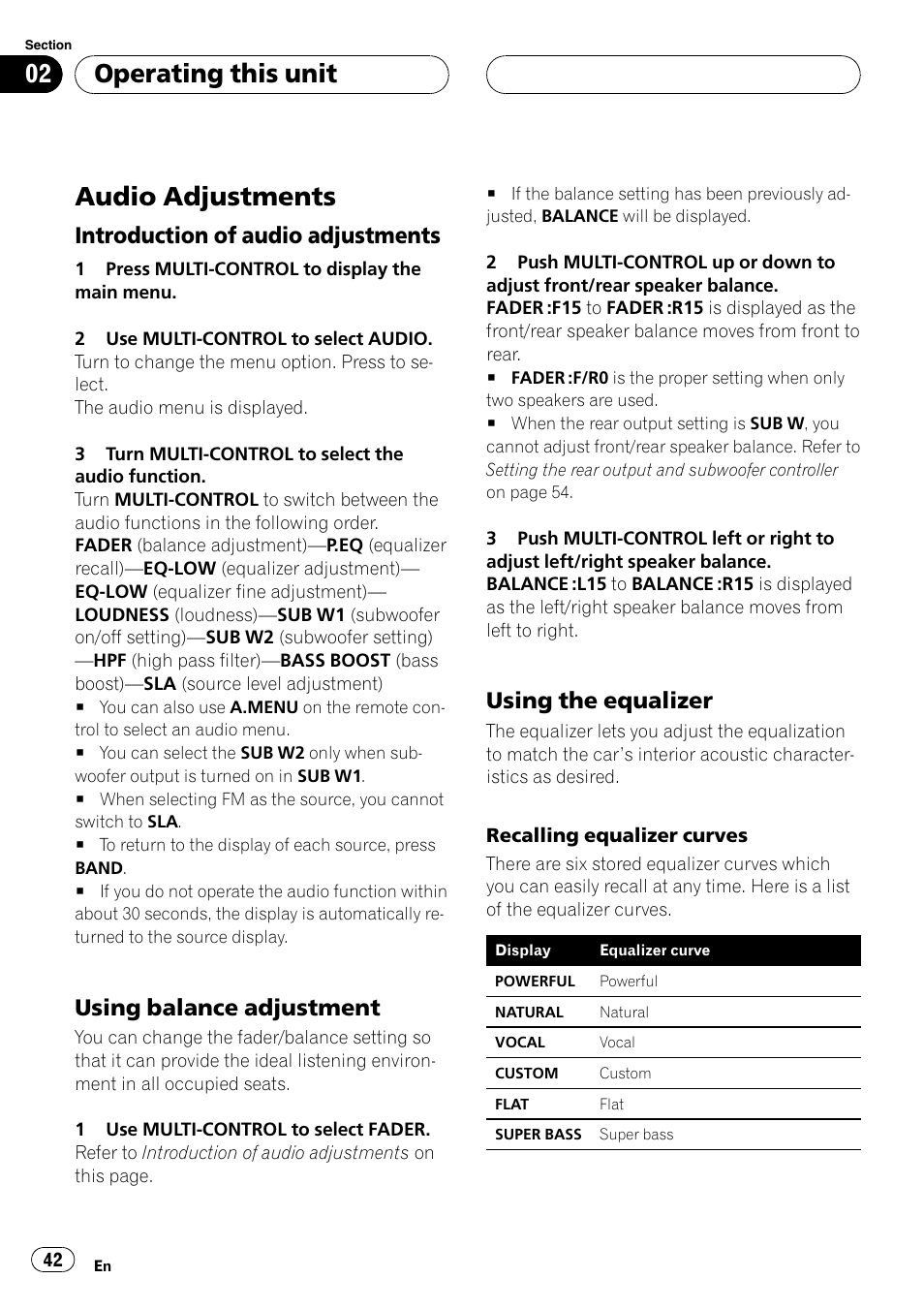 Audio adjustments, Introduction of audio adjustments 42, Using balance adjustment 42 | Using the equalizer 42, Operating this unit, Introduction of audio adjustments, Using balance adjustment, Using the equalizer | Pioneer DVH-P500UB User Manual | Page 42 / 96