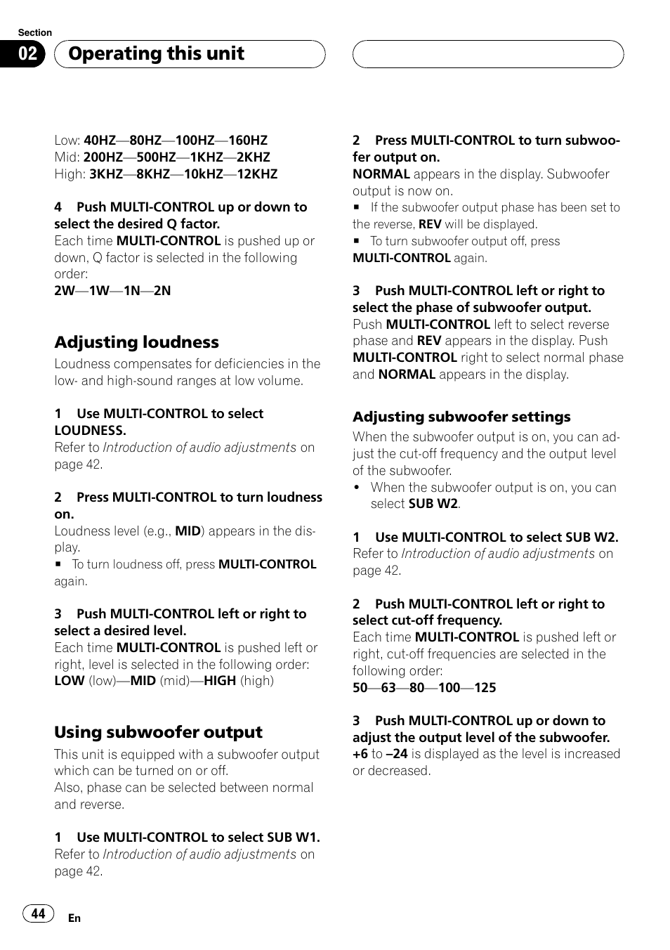 Adjusting loudness 44, Using subwoofer output 44, Operating this unit | Adjusting loudness, Using subwoofer output | Pioneer DVH-P500UB User Manual | Page 44 / 96