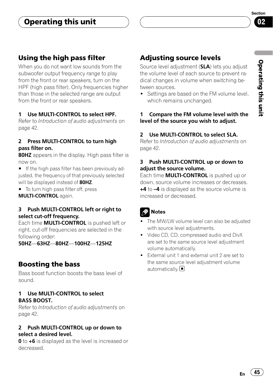 Using the high pass filter 45, Boosting the bass 45, Adjusting source levels 45 | Operating this unit, Using the high pass filter, Boosting the bass, Adjusting source levels | Pioneer DVH-P500UB User Manual | Page 45 / 96
