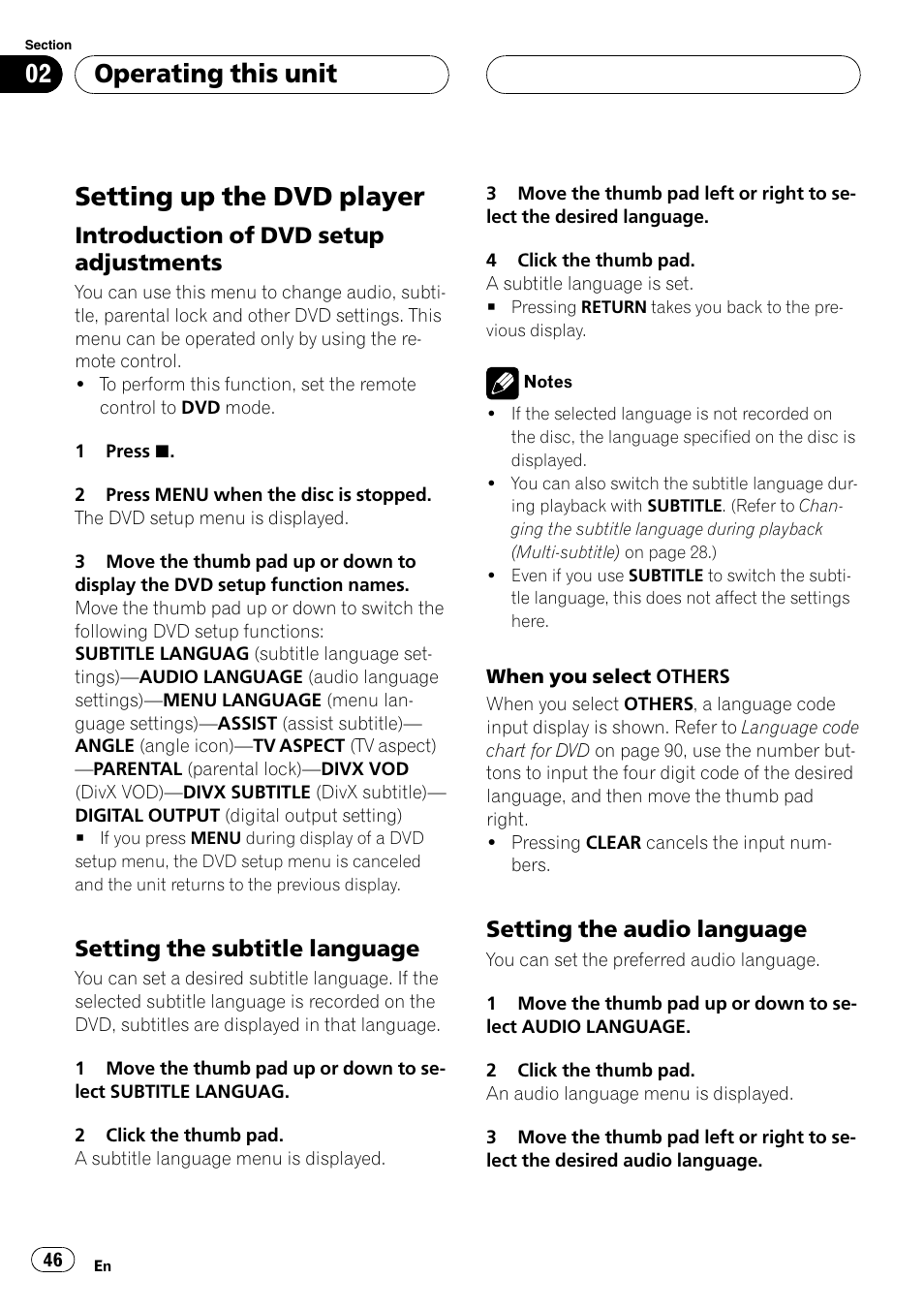 Setting up the dvd player, Introduction of dvd setup, Adjustments | Setting the subtitle language 46, Setting the audio language 46, Operating this unit, Introduction of dvd setup adjustments, Setting the subtitle language, Setting the audio language | Pioneer DVH-P500UB User Manual | Page 46 / 96