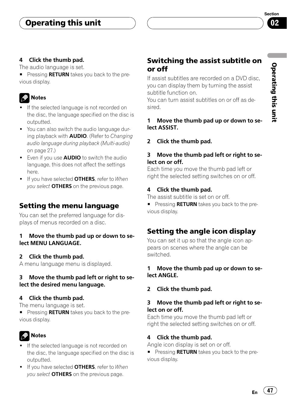 Setting the menu language 47, Switching the assist subtitle on or, Setting the angle icon display 47 | Operating this unit, Setting the menu language, Switching the assist subtitle on or off, Setting the angle icon display | Pioneer DVH-P500UB User Manual | Page 47 / 96