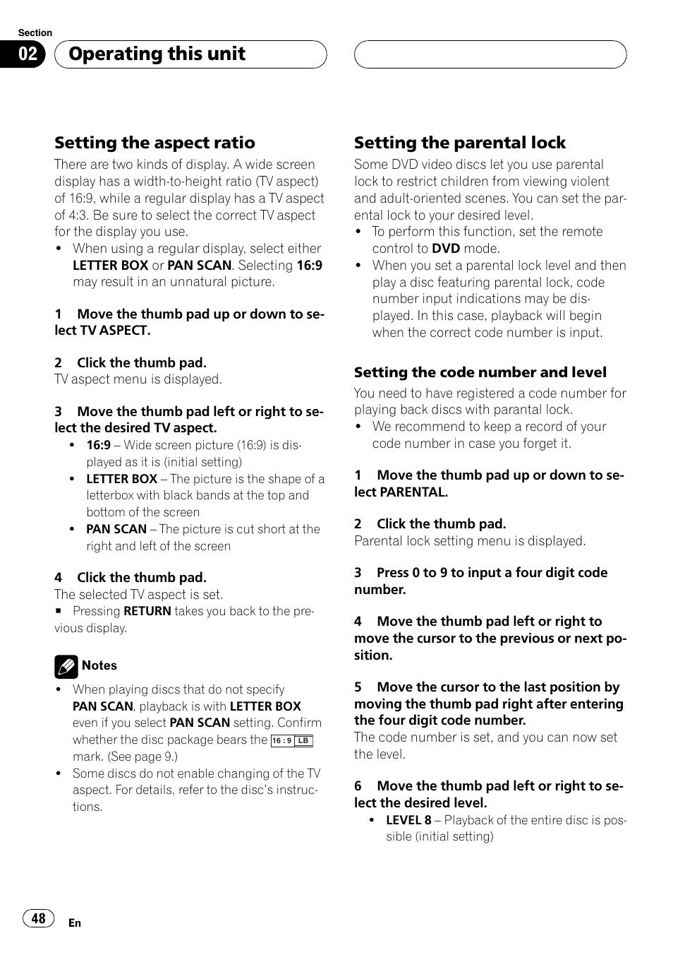 Setting the aspect ratio 48, Setting the parental lock 48, Operating this unit | Setting the aspect ratio, Setting the parental lock | Pioneer DVH-P500UB User Manual | Page 48 / 96