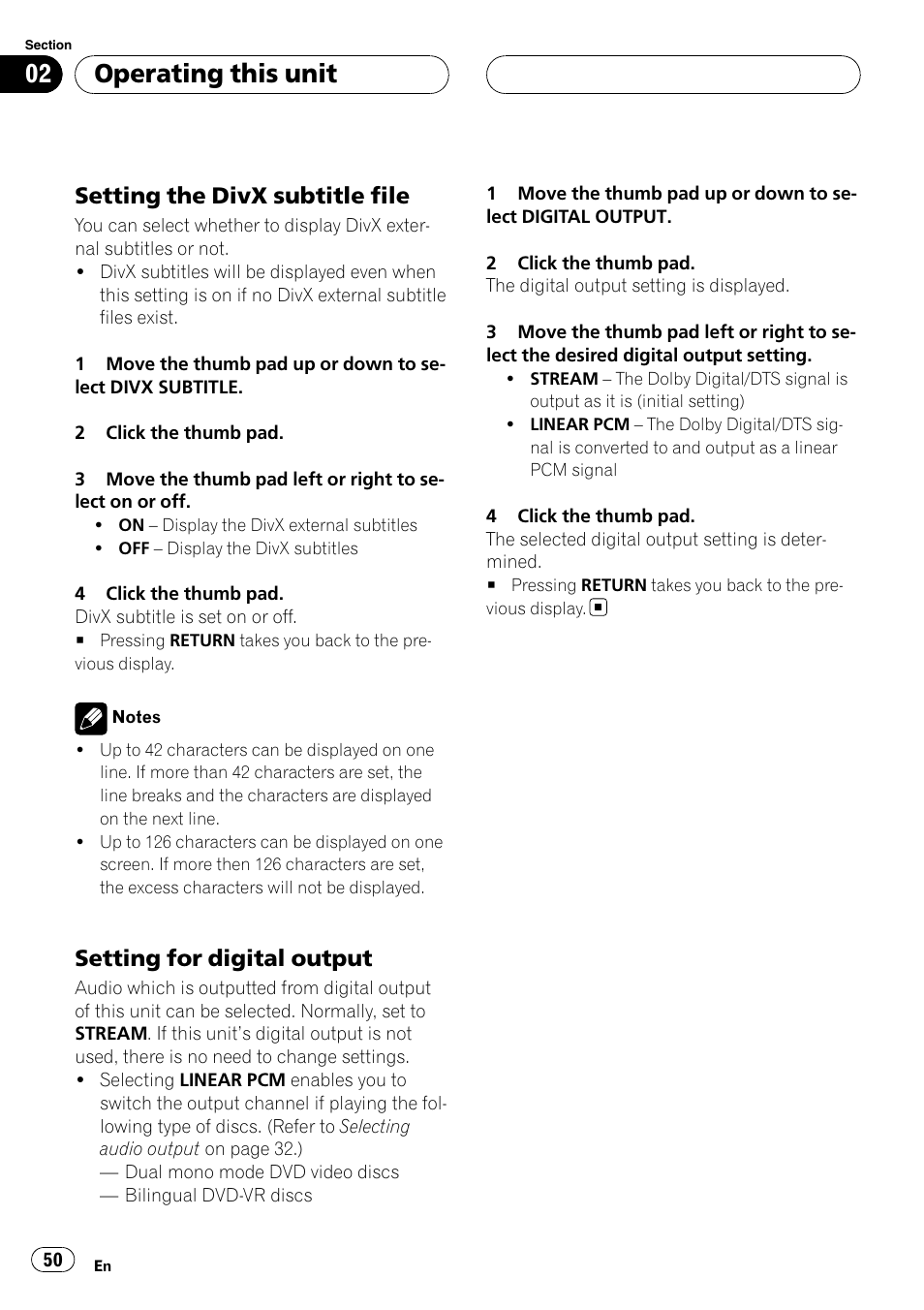 Setting the divx subtitle file 50, Setting for digital output 50, Operating this unit | Setting the divx subtitle file, Setting for digital output | Pioneer DVH-P500UB User Manual | Page 50 / 96