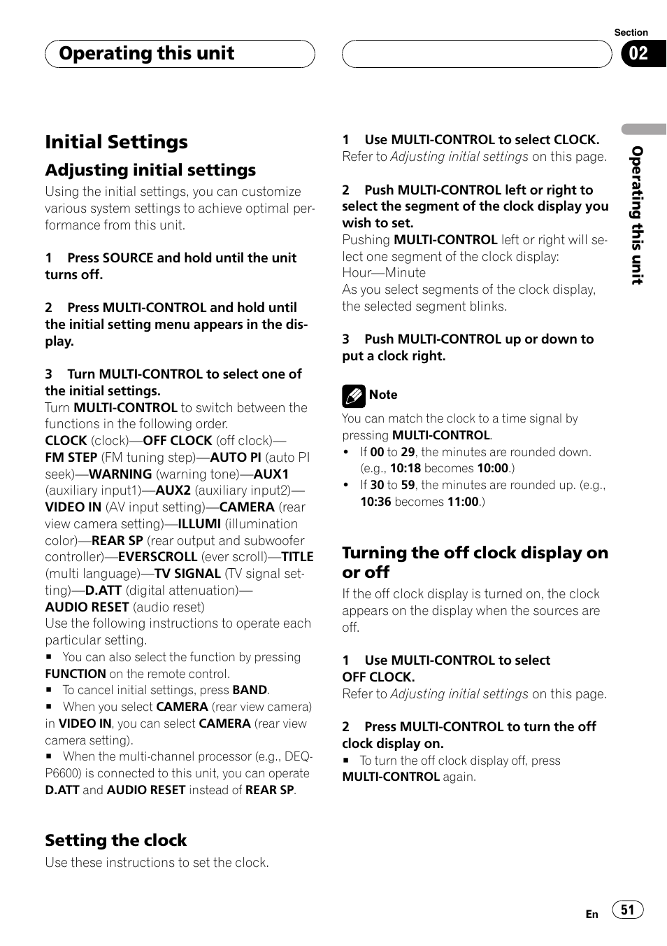 Initial settings, Adjusting initial settings 51, Setting the clock 51 | Turning the off clock display on or, Operating this unit, Adjusting initial settings, Setting the clock, Turning the off clock display on or off | Pioneer DVH-P500UB User Manual | Page 51 / 96