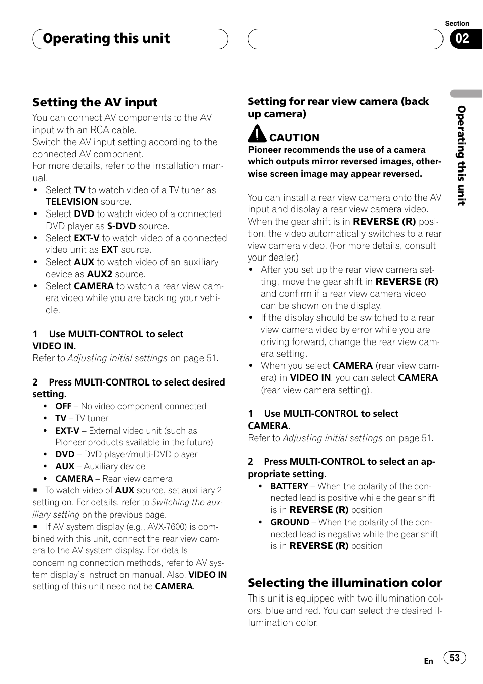 Setting the av input 53, Selecting the illumination color 53, Operating this unit | Setting the av input, Selecting the illumination color | Pioneer DVH-P500UB User Manual | Page 53 / 96