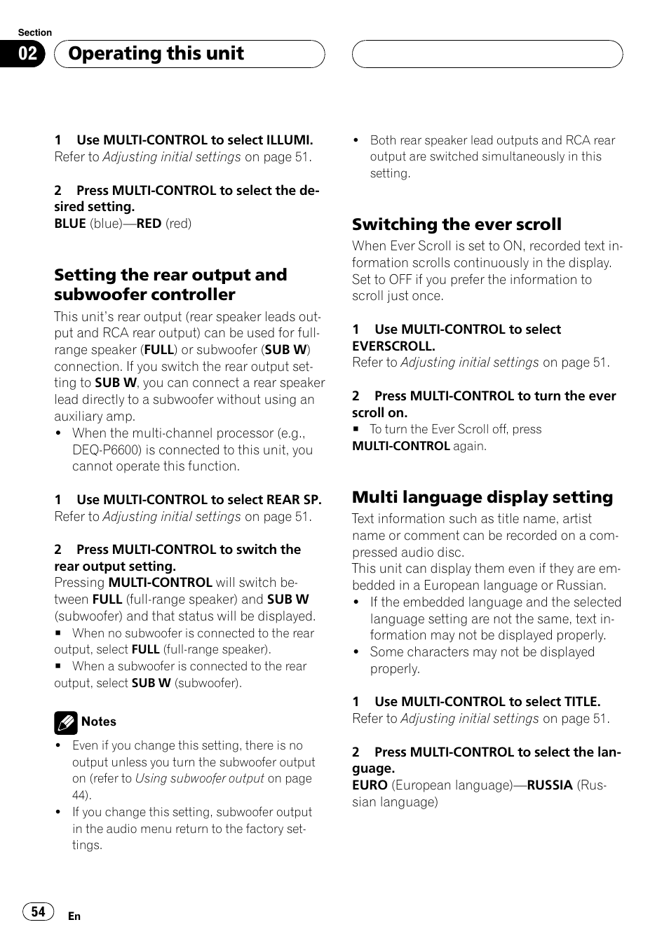 Setting the rear output and subwoofer, Controller, Switching the ever scroll 54 | Multi language display setting 54, Operating this unit, Setting the rear output and subwoofer controller, Switching the ever scroll, Multi language display setting | Pioneer DVH-P500UB User Manual | Page 54 / 96