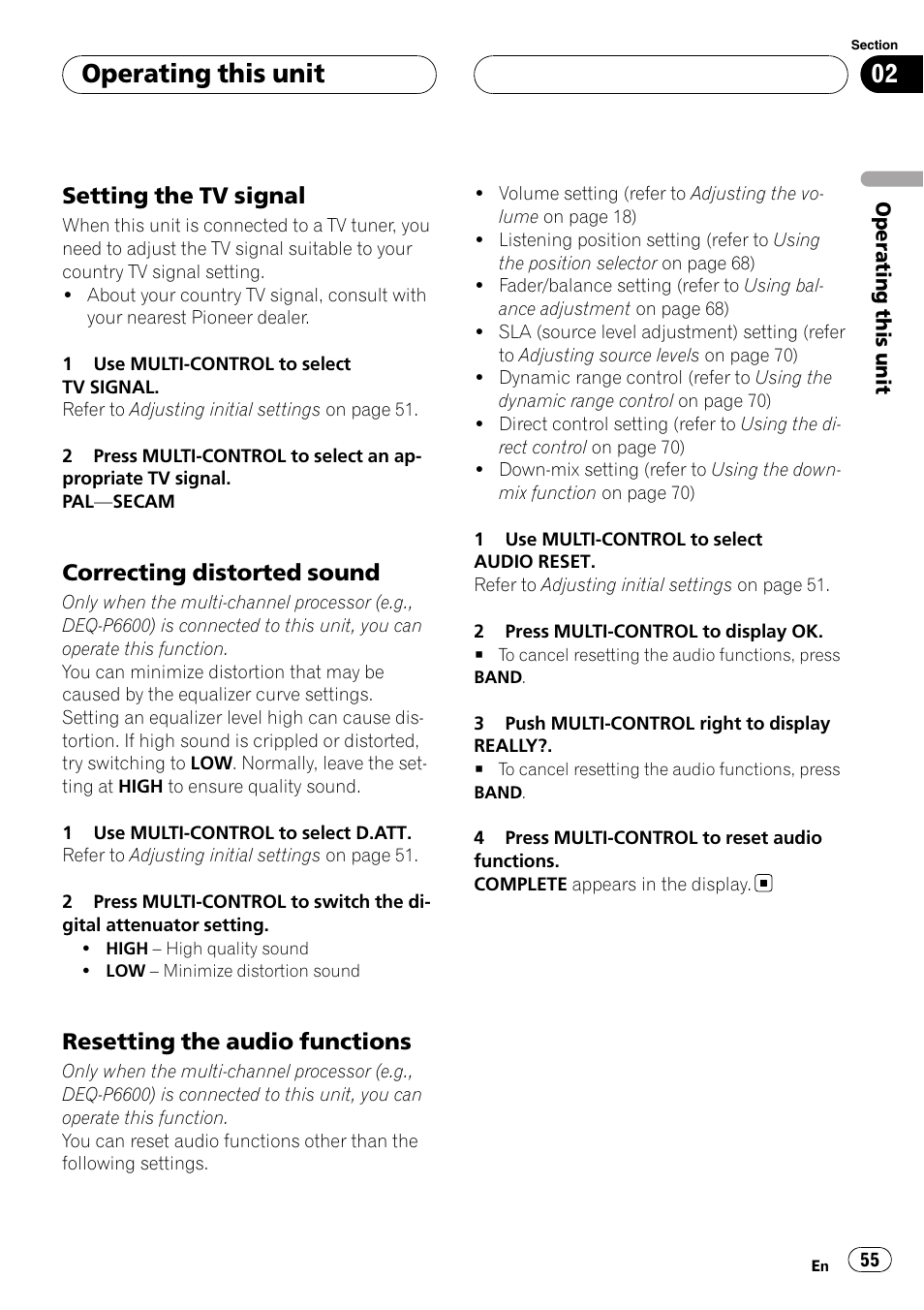 Setting the tv signal 55, Correcting distorted sound 55, Resetting the audio functions 55 | Operating this unit, Setting the tv signal, Correcting distorted sound, Resetting the audio functions | Pioneer DVH-P500UB User Manual | Page 55 / 96