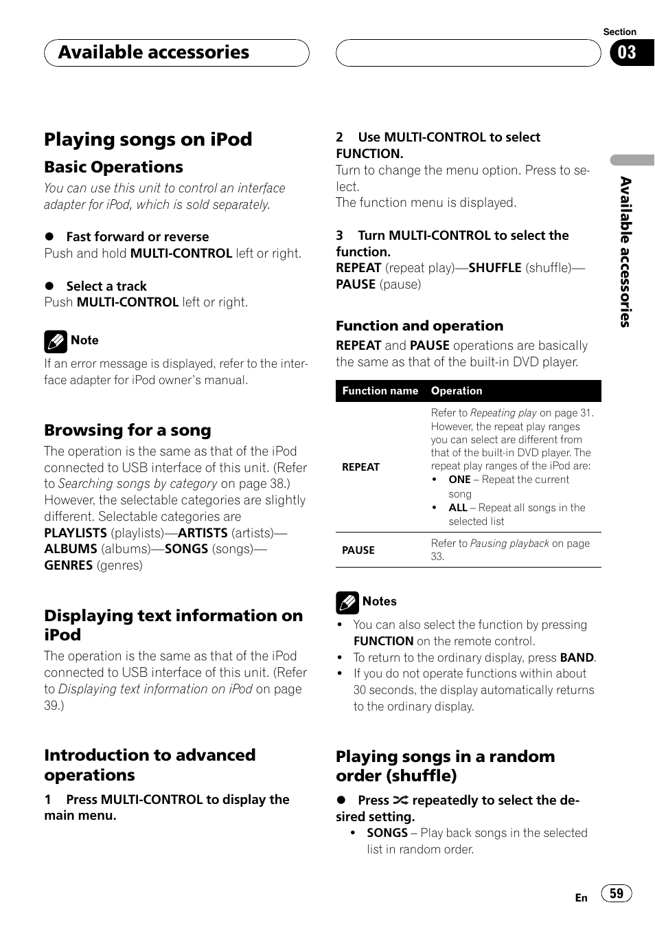 Available accessories playing songs on ipod, Basic operations 59, Browsing for a song 59 | Displaying text information on, Ipod, Introduction to advanced, Operations, Playing songs in a random order, Shuffle), Playing songs on ipod | Pioneer DVH-P500UB User Manual | Page 59 / 96