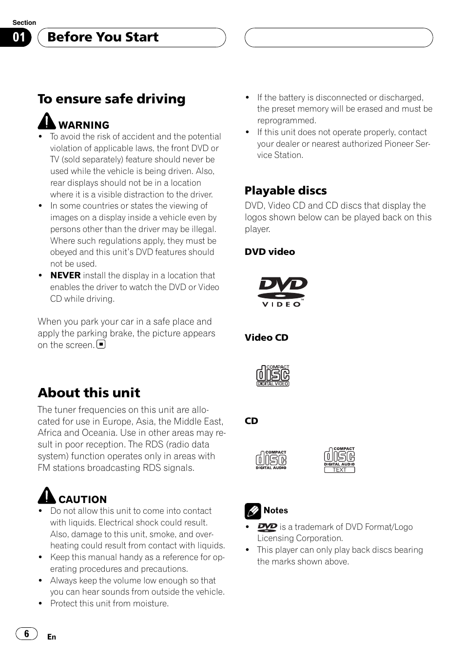 Playable discs 6, Before you start to ensure safe driving, About this unit | Before you start, Playable discs | Pioneer DVH-P500UB User Manual | Page 6 / 96