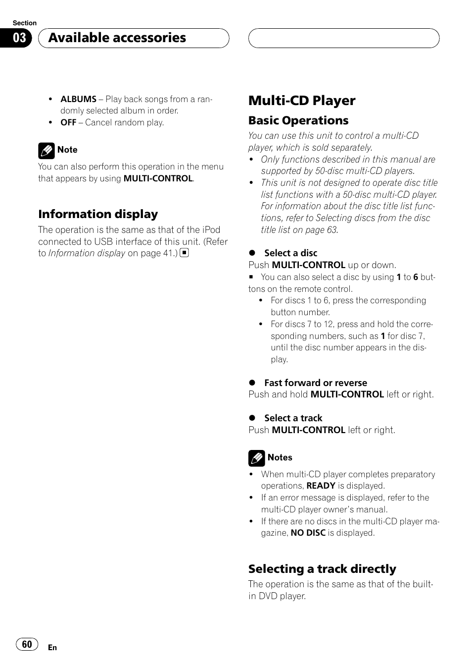Information display 60, Multi-cd player, Basic operations 60 | Selecting a track directly 60, Available accessories, Information display, Basic operations, Selecting a track directly | Pioneer DVH-P500UB User Manual | Page 60 / 96