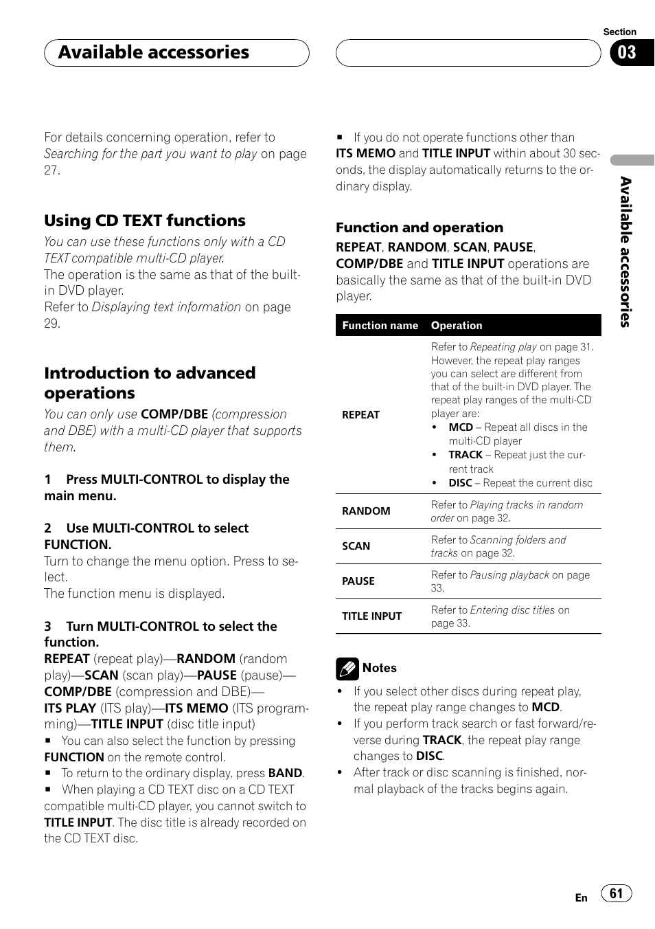 Using cd text functions 61, Introduction to advanced, Operations | Available accessories, Using cd text functions, Introduction to advanced operations | Pioneer DVH-P500UB User Manual | Page 61 / 96
