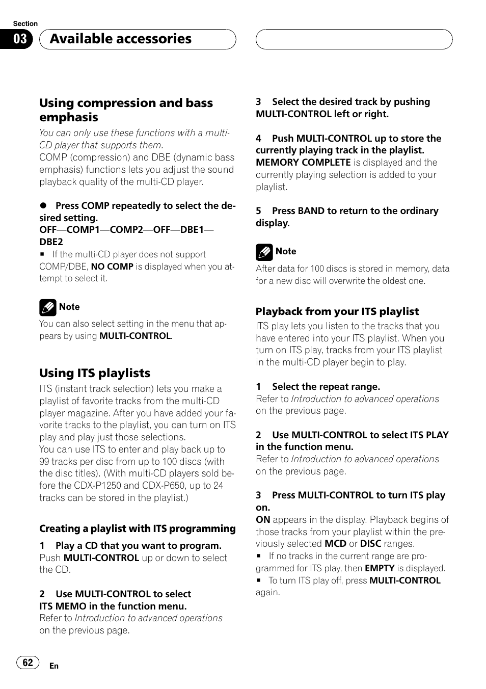 Using compression and bass, Emphasis, Using its playlists 62 | Available accessories, Using compression and bass emphasis, Using its playlists | Pioneer DVH-P500UB User Manual | Page 62 / 96