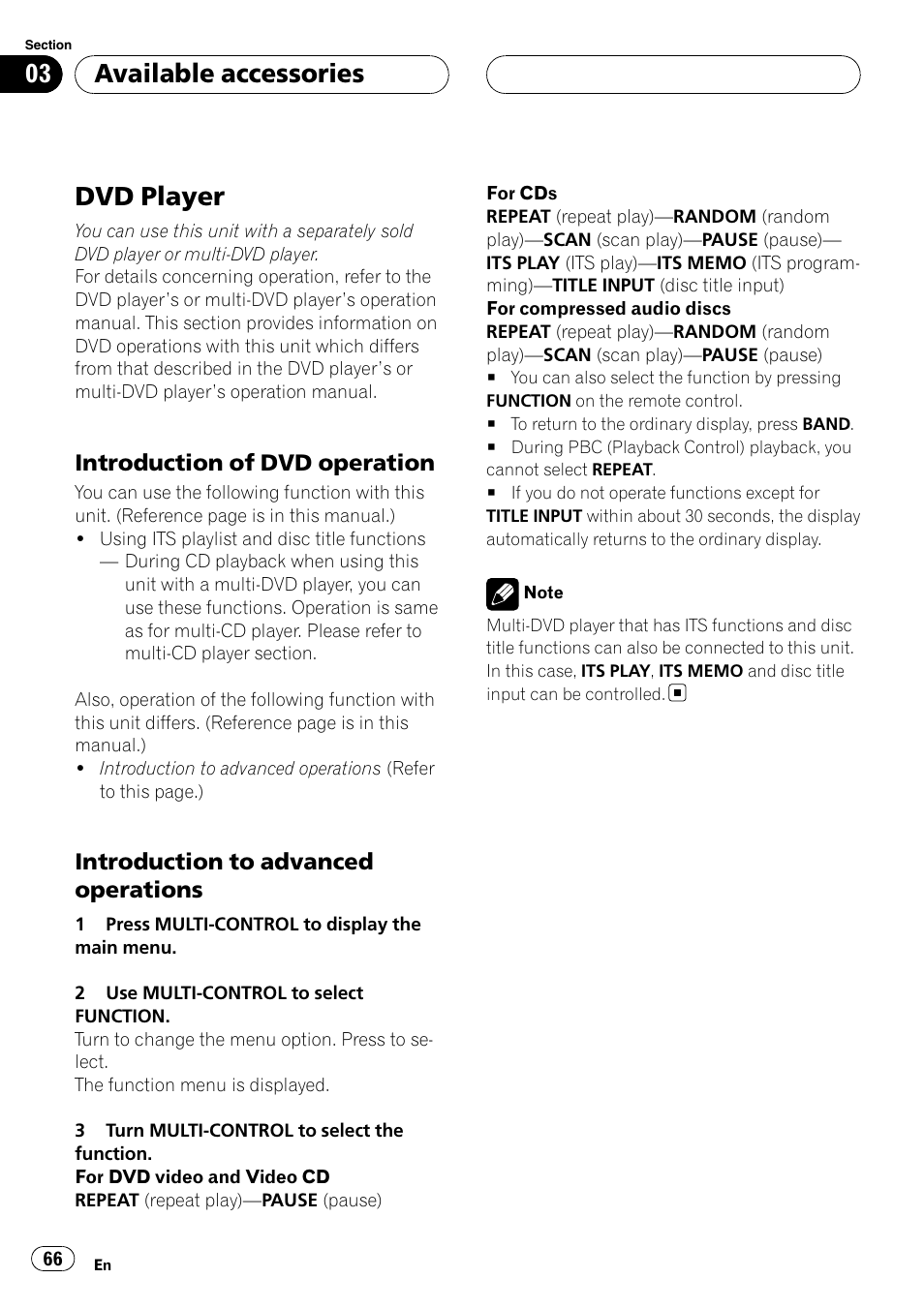 Dvd player, Introduction of dvd operation 66, Introduction to advanced | Operations, Available accessories, Introduction of dvd operation, Introduction to advanced operations | Pioneer DVH-P500UB User Manual | Page 66 / 96