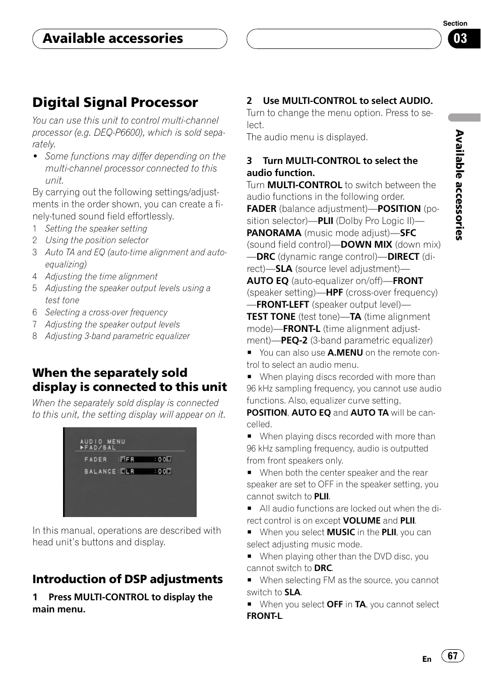 Digital signal processor, When the separately sold display is, Connected to this unit | Introduction of dsp adjustments 67, Available accessories, Introduction of dsp adjustments | Pioneer DVH-P500UB User Manual | Page 67 / 96