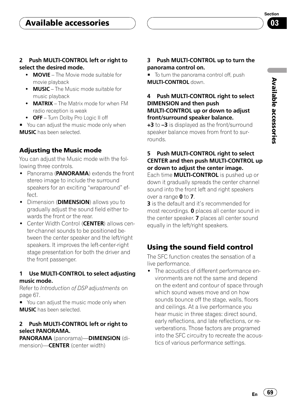 Using the sound field control 69, Available accessories, Using the sound field control | Pioneer DVH-P500UB User Manual | Page 69 / 96